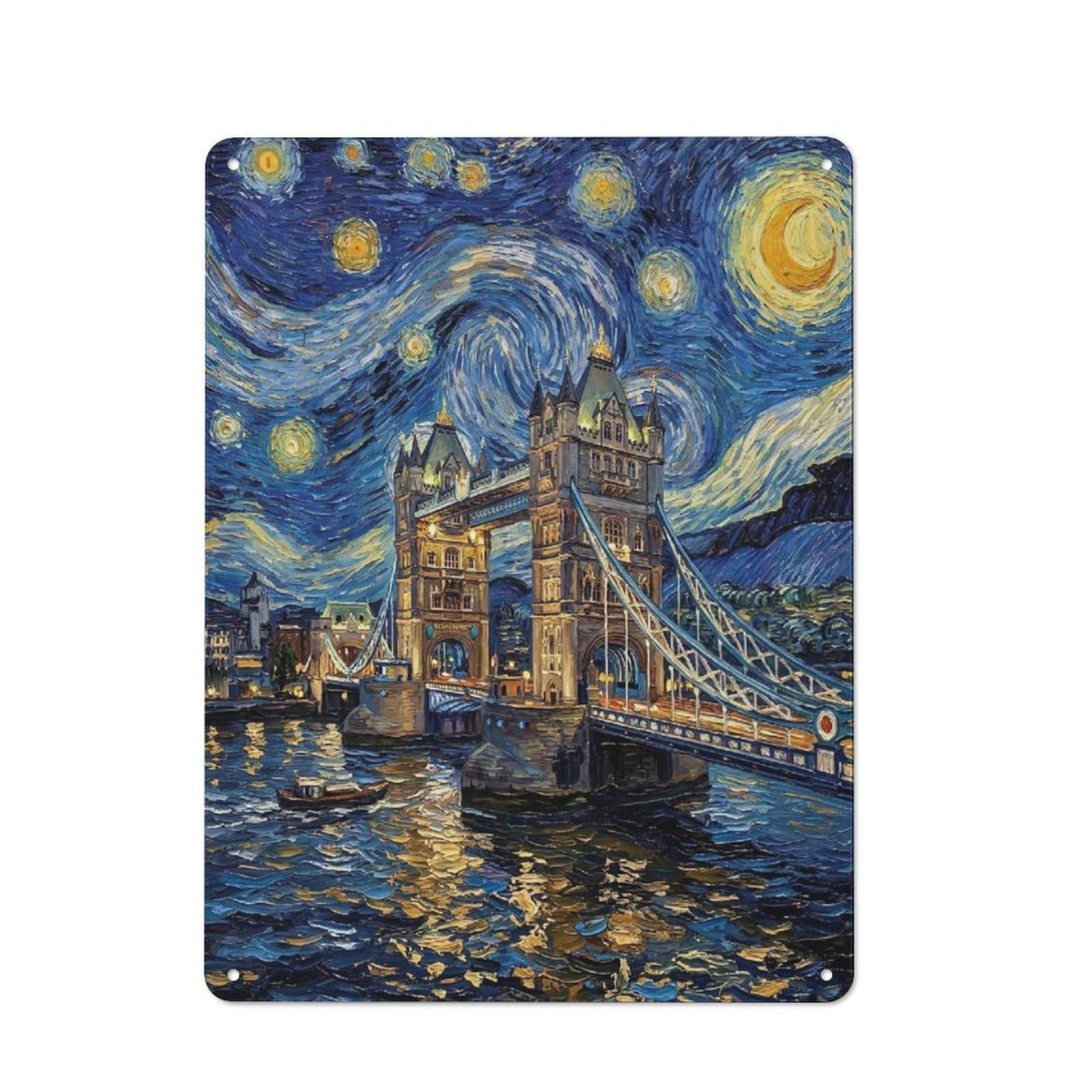 Junmoney Style-18 Rustic Metal Wall Sign 40X30cm Featuring Starry Night Tower Bridgeu For Garage Wall, Tin Sign Wall Decor For Garages And Workshops