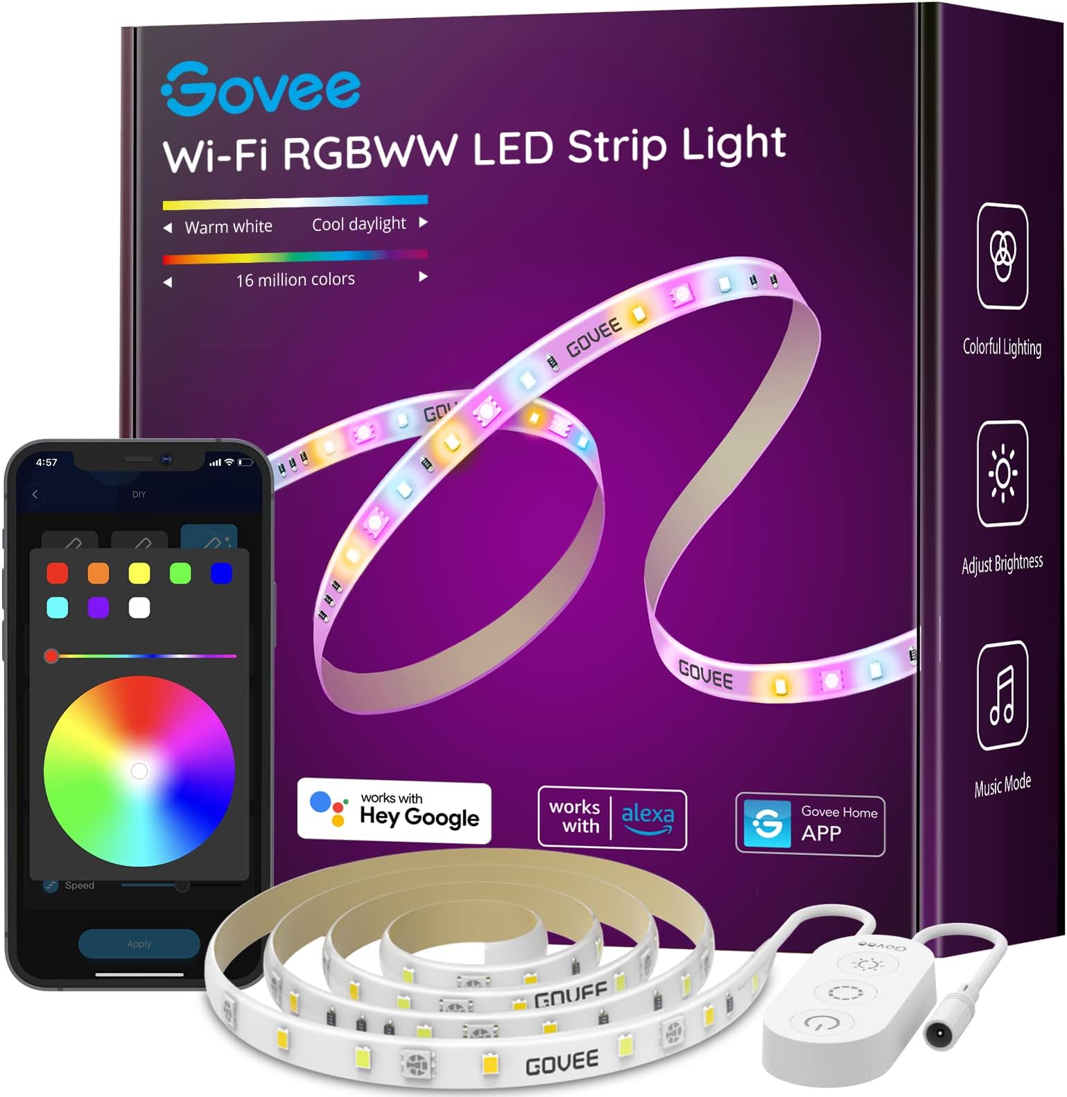 Govee Smart LED Strip Lights, 6.56ft RGBWW WiFi Light Strip Works with Alexa Google Assistant, 16 Million Colors, Warm and Cool White, Music Sync LED Lights for Bedroom, Desk, Cabinet