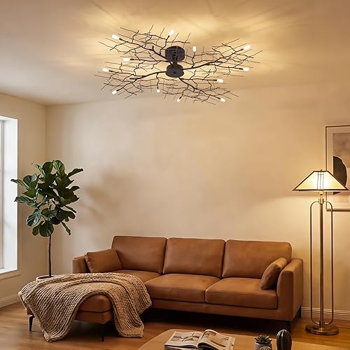 Miniatura 2 de NIAOERFEN - Lámpara de araña moderna negra con formas de rama, lámpara de techo semiempotrada grande de 12 lámparas, lámparas industriales cerca del