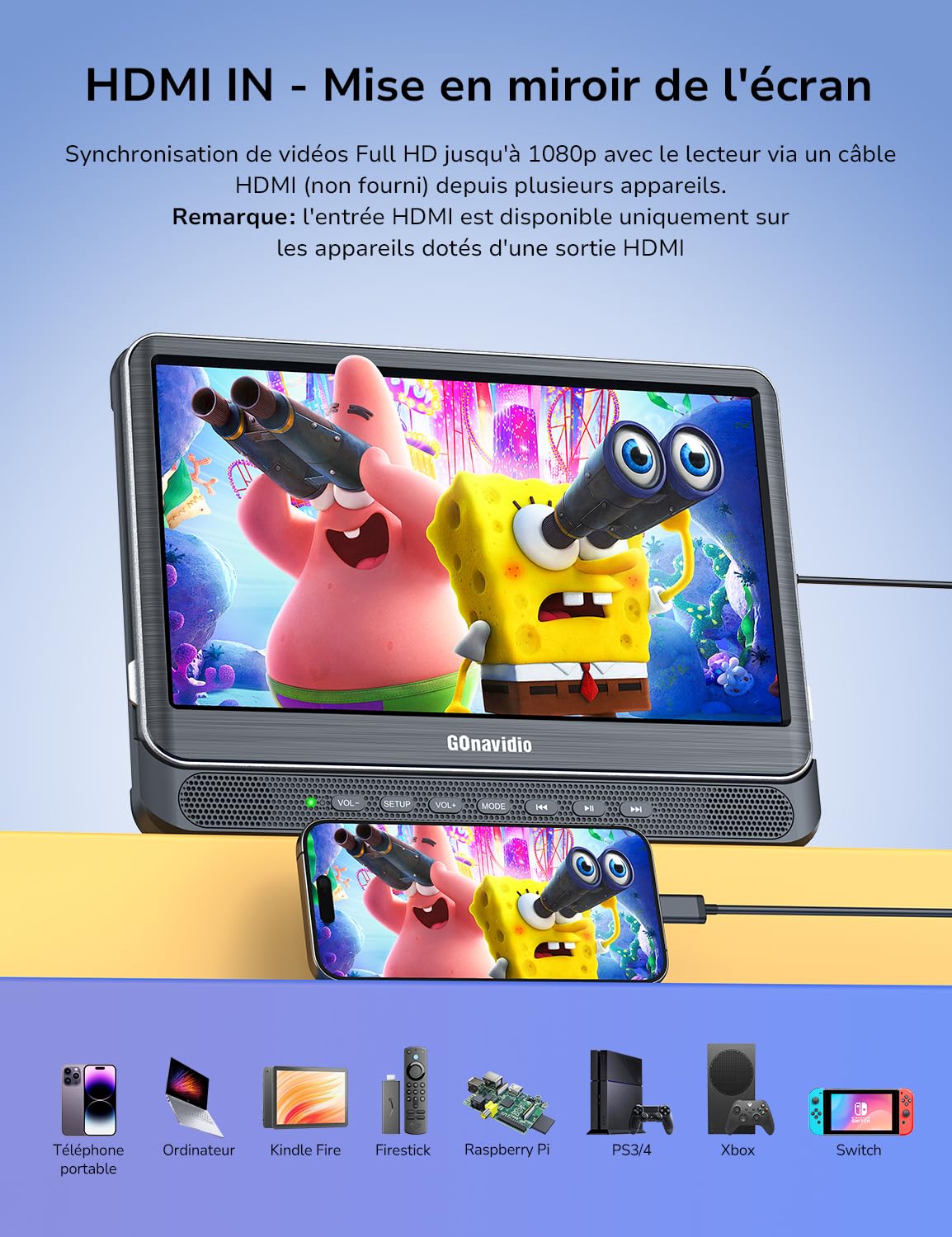 GOnavidio 12" Double Lecteur DVD Voiture avec entrée HDMI,2 Lecteur DVD Portable Voiture indépendants,ecrans Prise en Charge de la Carte USB/TF, décodage HD, dernière mémoire
