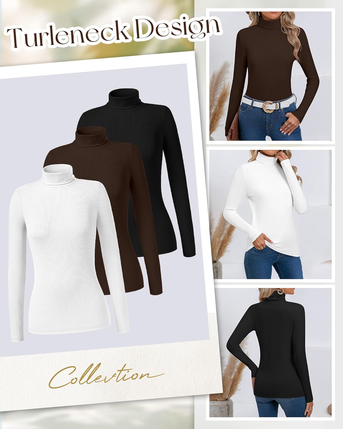 Ficerd 3 Pack Women's Ribbed Thermal Turtleneck Tops Long Sleeve Stretch Shirts Knitted Fitted Lightweight Base Layer - Image 5