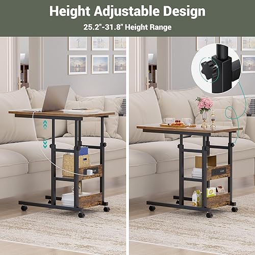 Miniatura 3 de Mesa auxiliar de altura ajustable con estación de carga, mesa auxiliar móvil para computadora portátil en forma de C con ruedas, mesa de sofá de 3