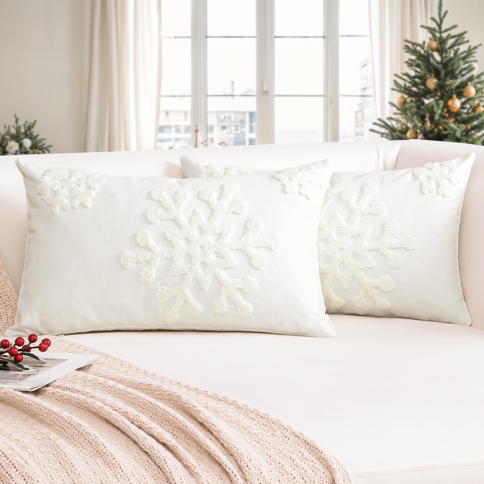 OTOSTAR Confezione da 2 federe decorative natalizie con fiocco di neve, 40,6 x 61 cm, morbide, decorative, per divano, camera da letto, auto (bianco crema)