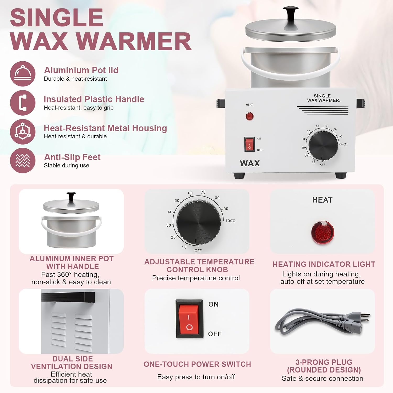 Podoy Wax Warmer for Hair Removal, Professional Single Wax Warmer Pot Melter Heater with Adjustable Temperature Set, Home Spa & Salon Electric Waxing Machine with 200pcs Sticks