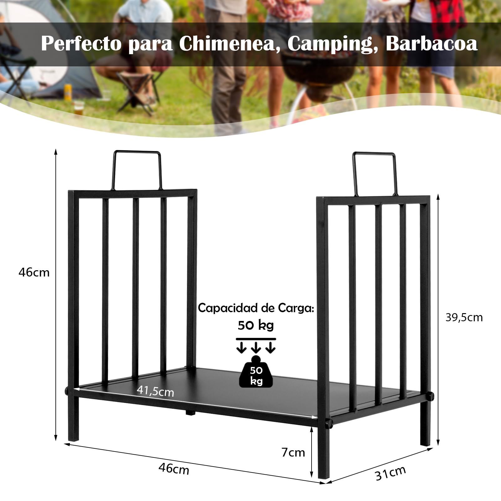 GYMAX Estantería para Leña de Metal, 46 x 31 x 46 cm, Soporte para Leña para Interior y Exterior, Color Negro