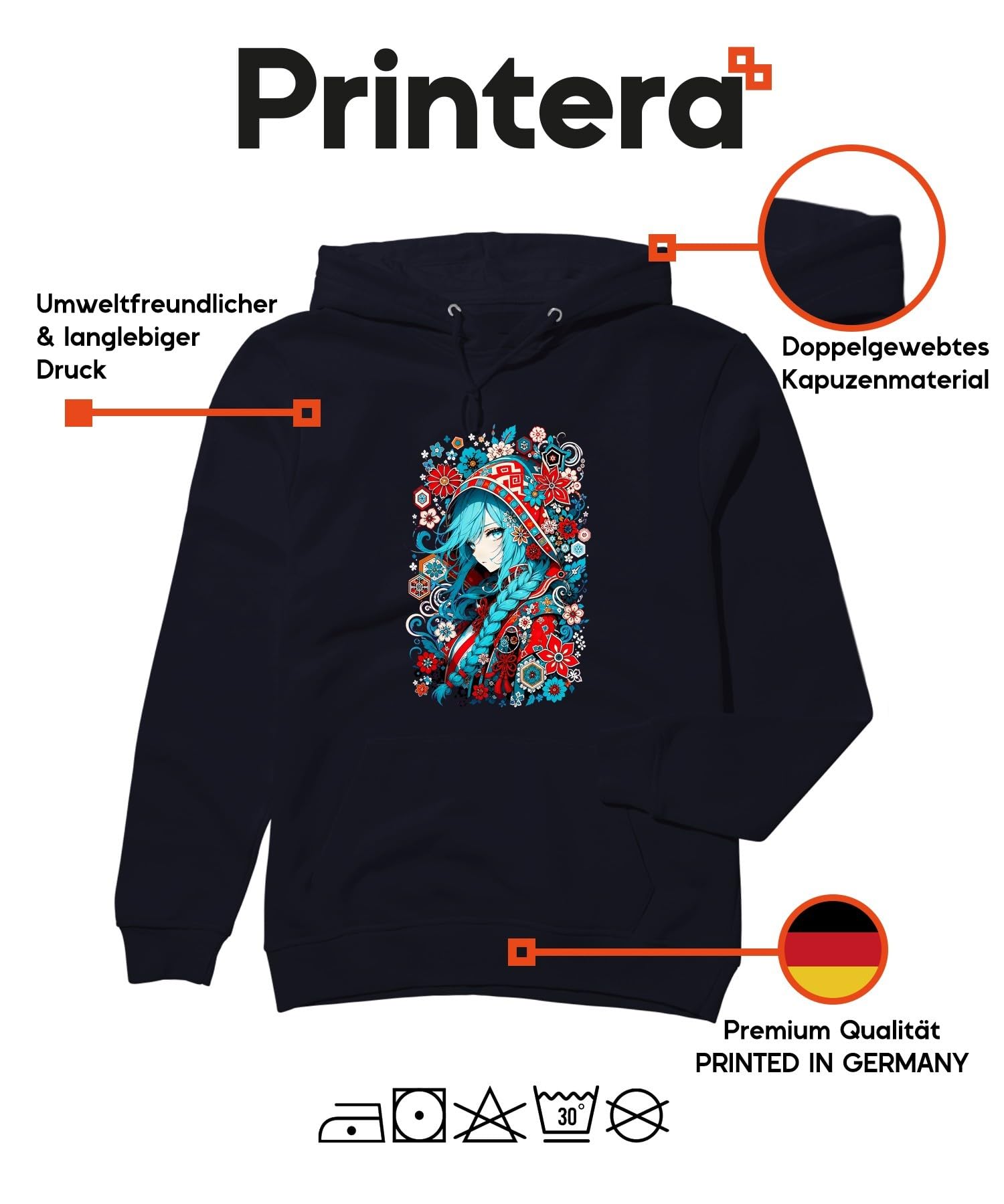 Anime dziewczęca niebieskie włosy Japonia Y2K bluza z kapturem, granatowa, M | Aesthetic warkocz kwiaty tradycyjny Cosplay fantazja prezent dla geek kolorowy portret folkloru