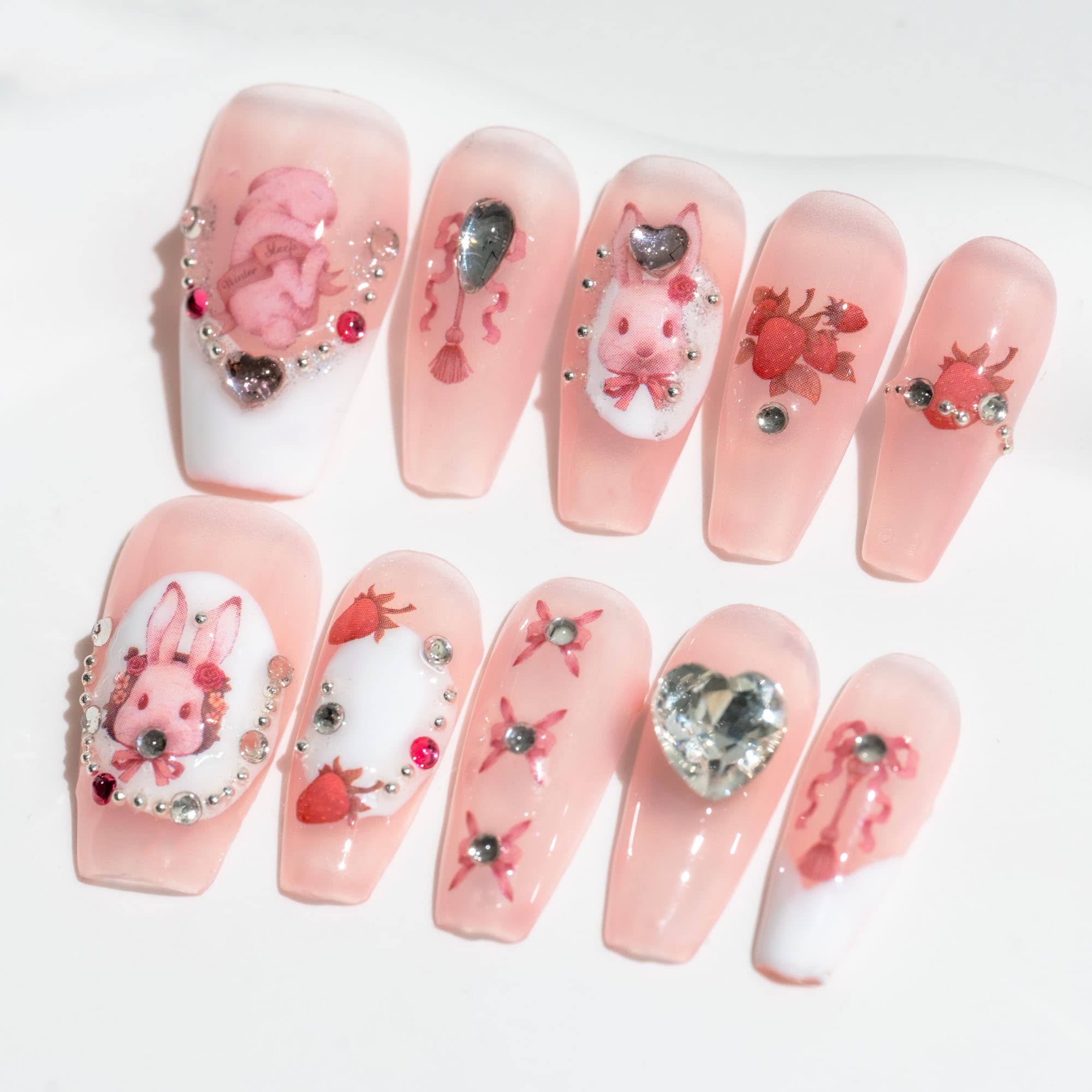 Sun&Beam Nails Handmade Press-on Long Coffin Ballerina Red White Black Silver Glam Halloween Ombre Design Fashion False Nail Tips 10 Pcs Set (#189 M) — view 78
