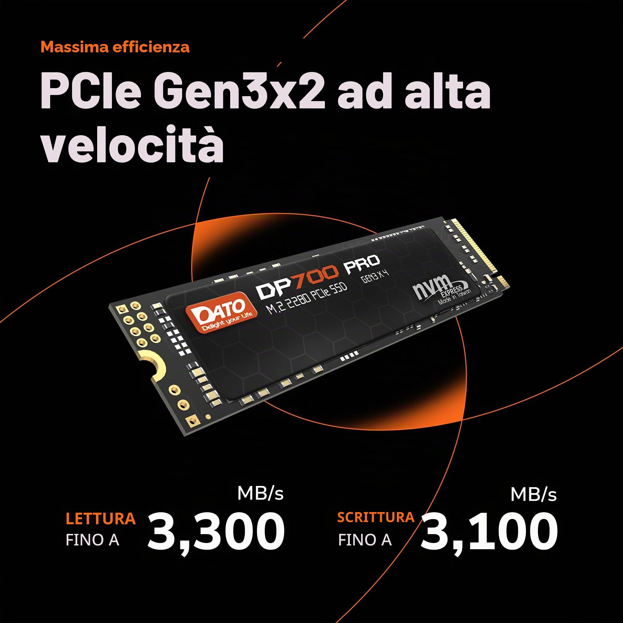 DATO SSD M.2 da 512 GB, SSD M.2 2280, unità a stato solido interna PCIe Gen3x4, fino a 3200/3000 MB/s, serie DP700Pro