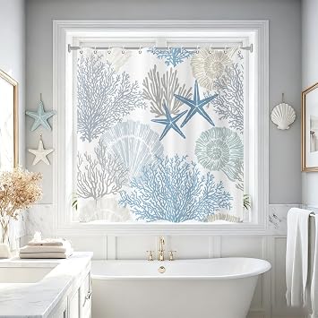 Nautical Coastal Shower Window Curtain, Blue Ocean Beach Seashell Starfish Theme Small Short Bathroom Window Curtain Waterproof Fabric Machine Washable 12 Hooks,60" Wx48 L
