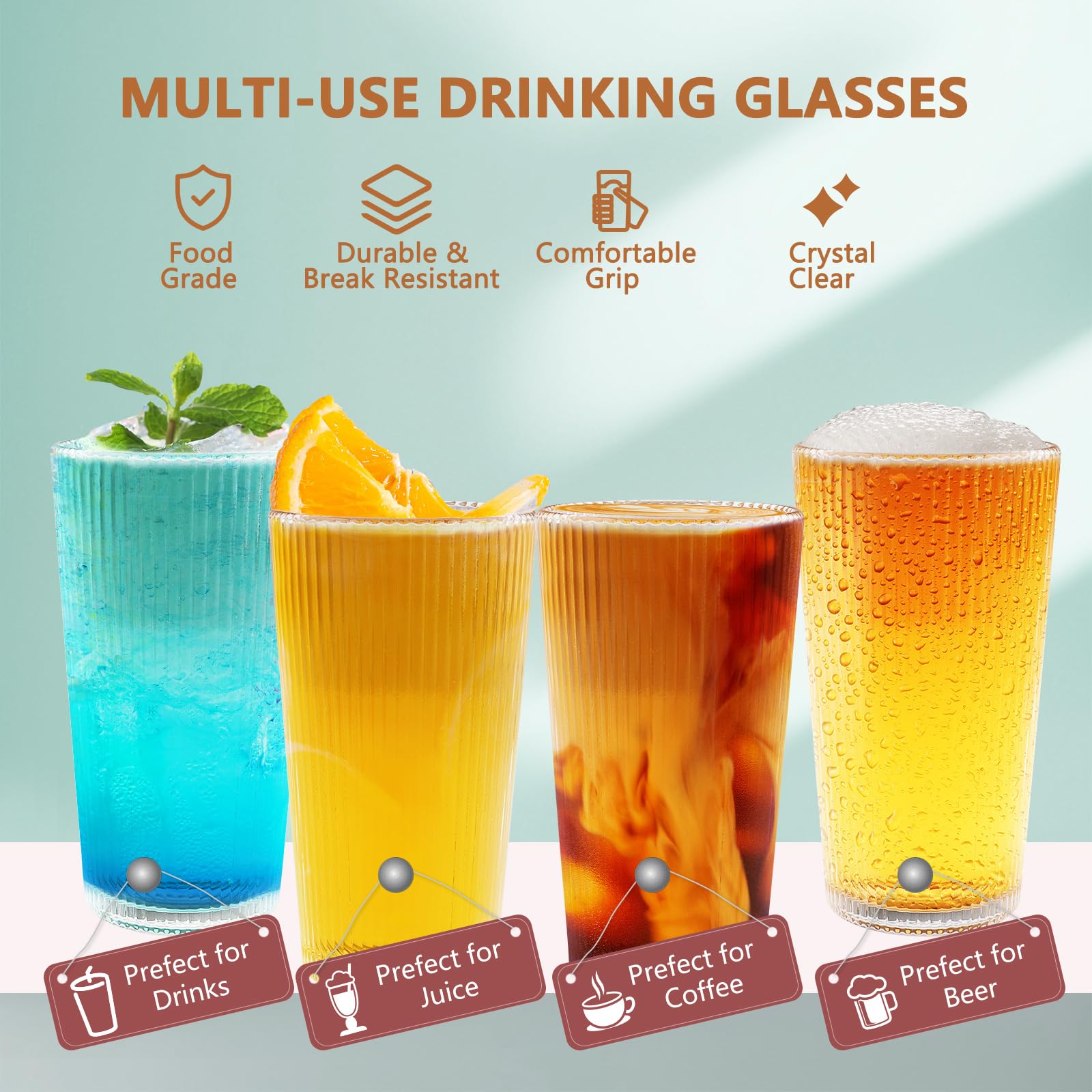 Relaxdays drinkglazen met rietje en deksel, set van 8, vruchten design, 500 ml, limonadeglazen, met handvat, kleurrijk