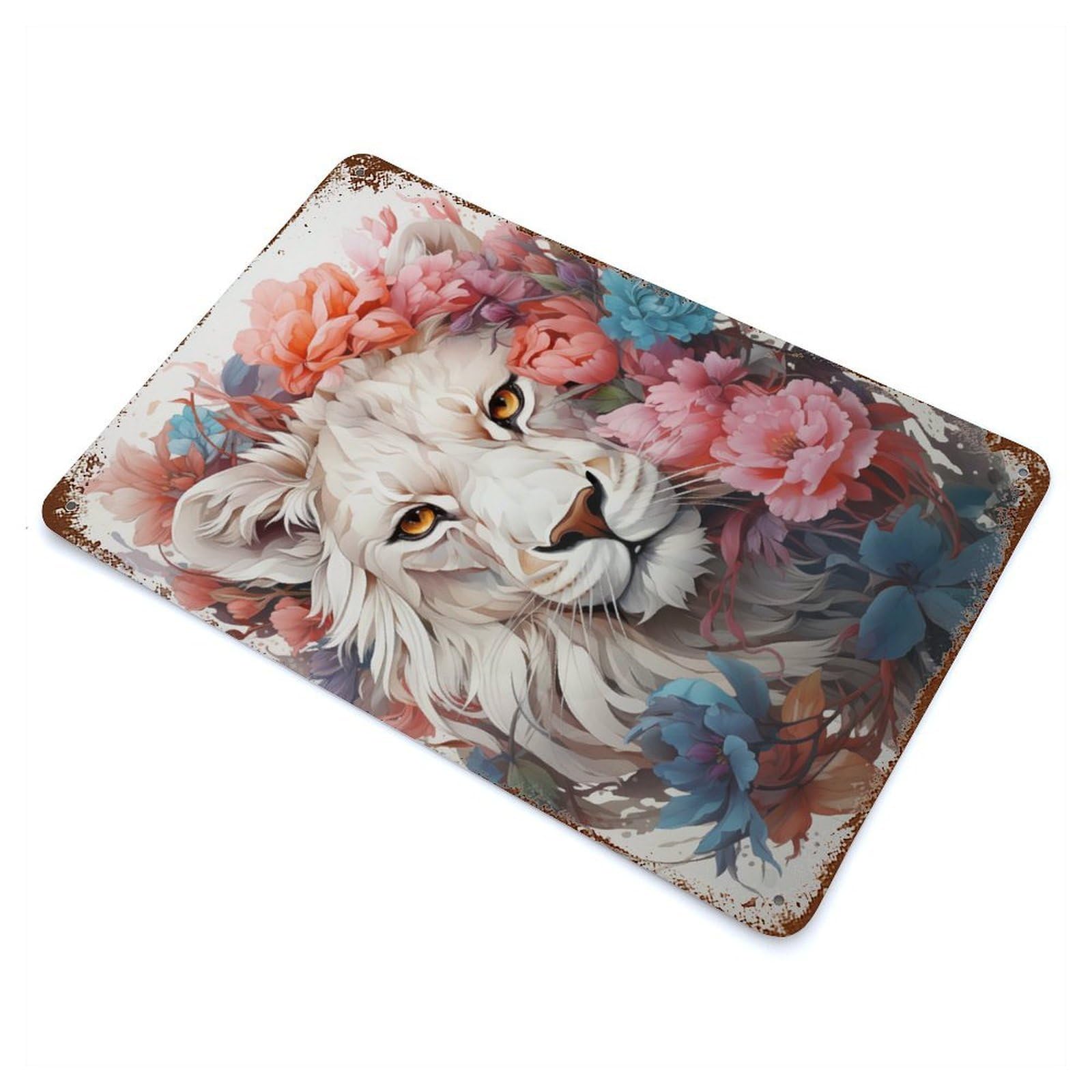 Lion White Decorative Tin Sign 11.8"x7.9", Rustic Home Decor for Garage, Pub Or Kitchen