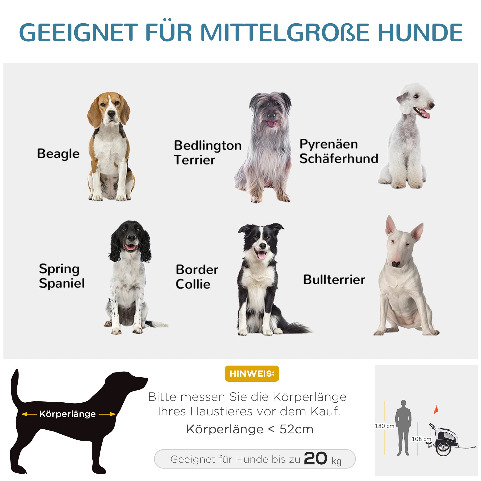 PawHut 2-in-1 Hundeanhänger, Fahrradanhänger für Hunde, Hundewagen mit Reflektoren, Fahne, Hundefahrradanhänger Hundebuggy, Oxford-Gewebe