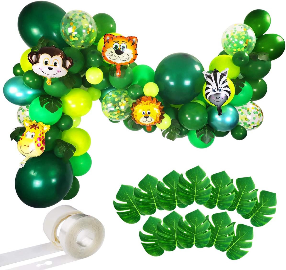 Jungle Party Balloons Garland Kit - 110pcs Latex Balloons Animal Foil Confetti Balloon Arch Palm Leaves Set for Jungle Theme Baby Shower Party Decorations, Safari Woodland Birthday Party Supplies