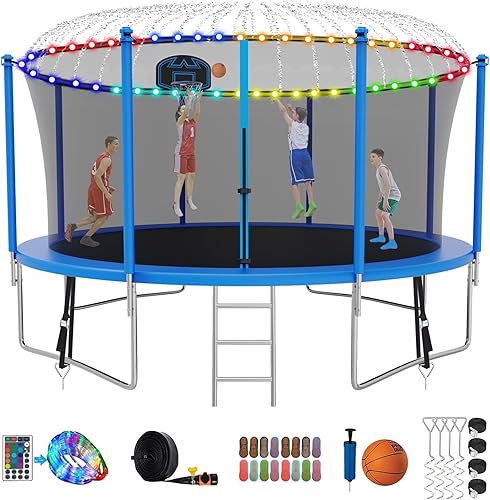SKYUP Tranpoline - Tranpoline de 1500 libras, 16, 15, 14 y 12 pies para niños y adultos, resistente al viento con red de cierre, aro de baloncesto,