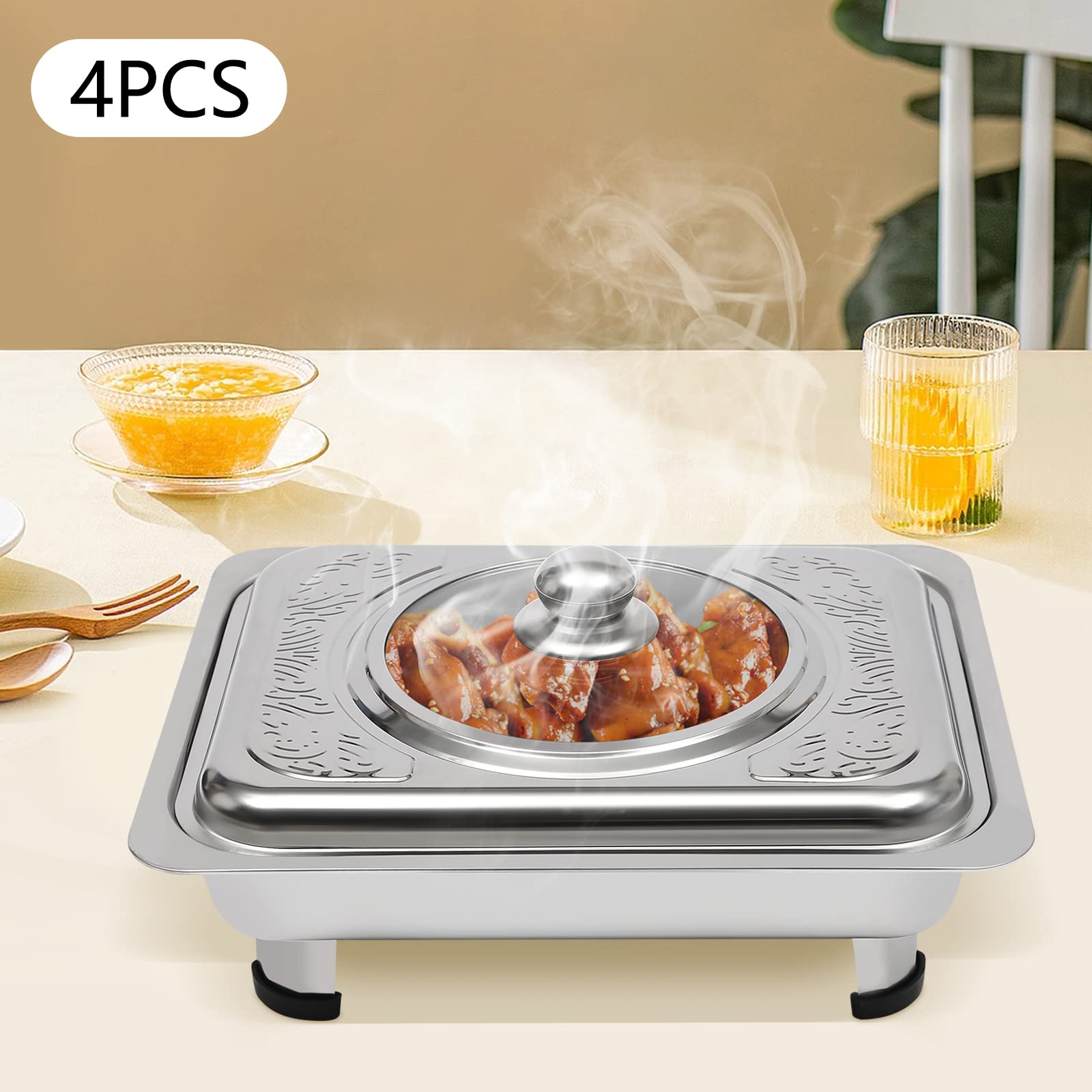 Set di 4 ciotole per buffet in acciaio inox con piedini rimovibili, 33,5 x 27,5 cm, per catering, matrimoni ed eventi (argento)