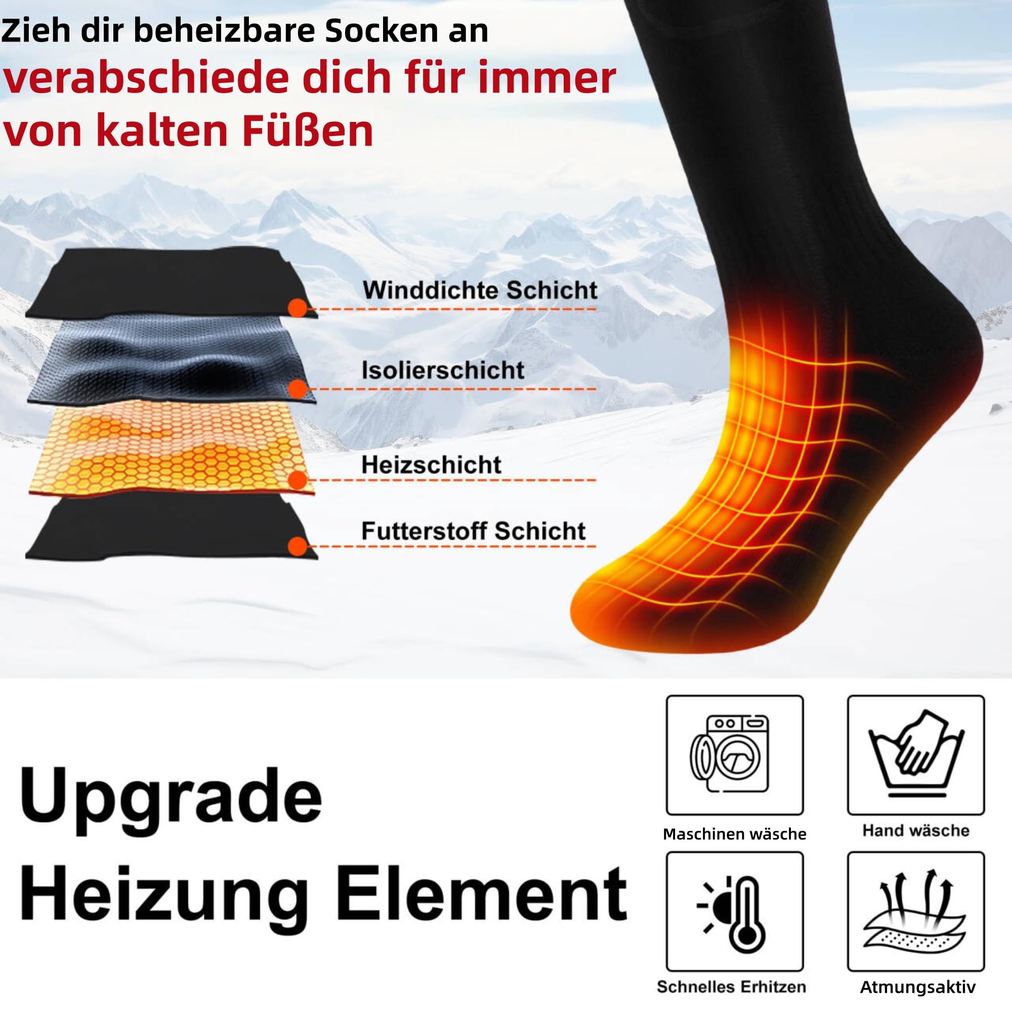 wiederaufladbare beheizbare Socken mit 3 Temperatureinstellungen | 4000 mAh Akku Unisex für Männer und Frauen, waschbar, warme Winter-Socken geeignet für Skifahren und Camping