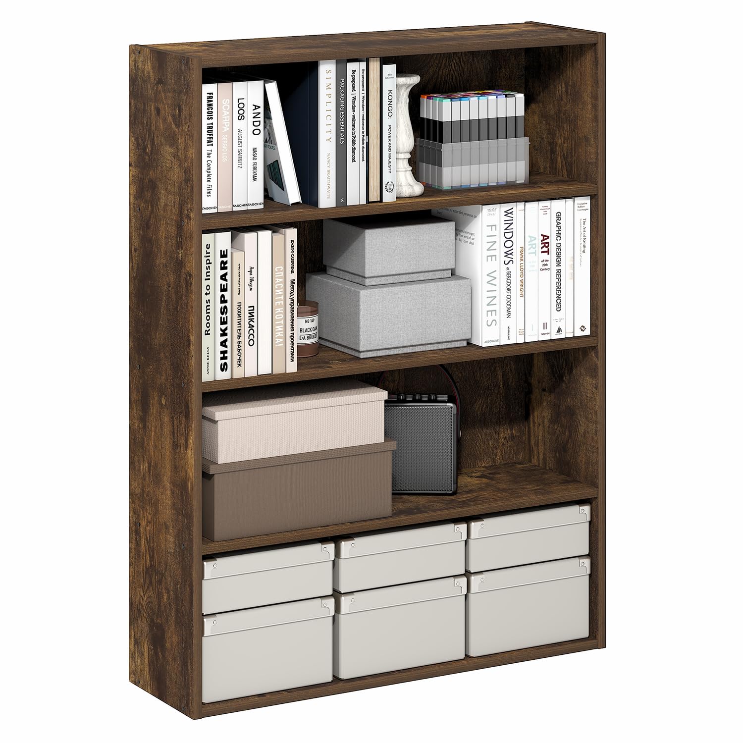 Furinno PASIR Book Shelf, 4-Tier Bookshelf, Bookcase with Open Storage Shelf, 9.3 x 31.3 x 41.8, for Home Office, Living Room, Amber Pine