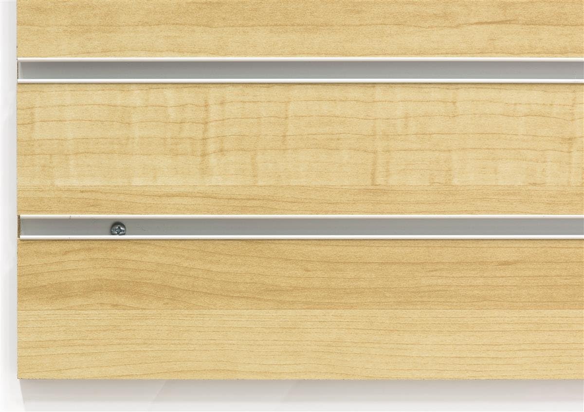 Displays2go, 96”w x 48”h Slatwall Store Panel, Melamine Construction, 15 Channels, 3.0” On-Center Spacing - Maple Finish (SLWLM48NAT)
