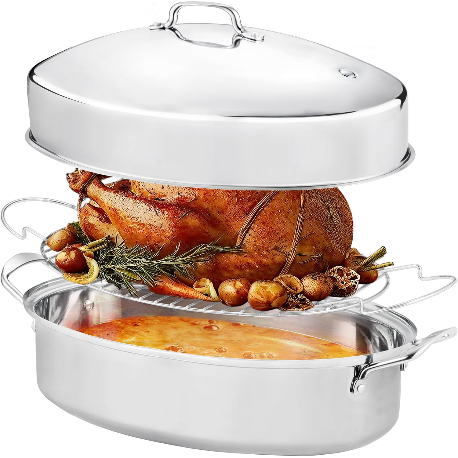 DIMESHY oval stainless steel roasting pan with rack and lid 22 inch