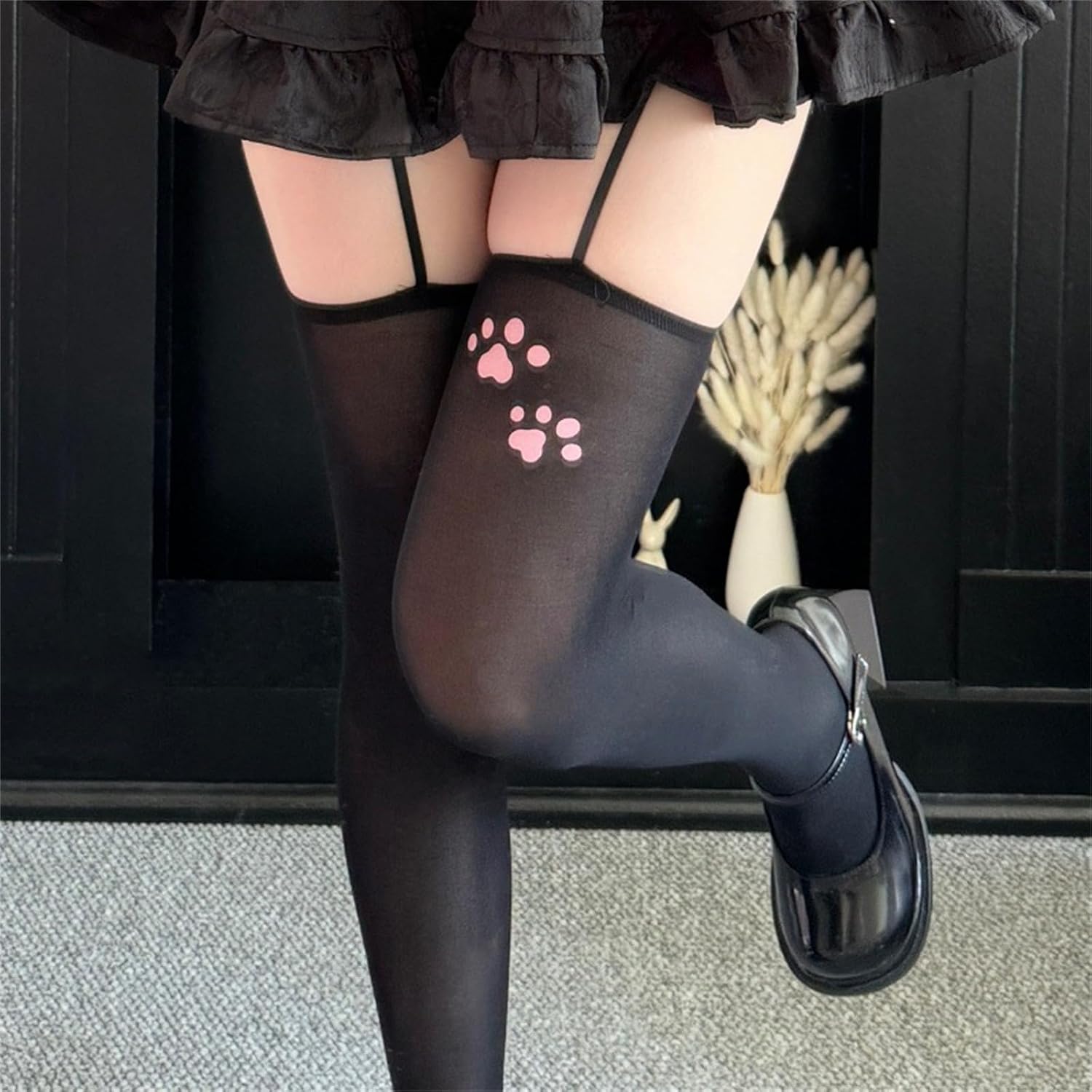 Lovely Anime Cartoon Cats Paws Print Suspender Tights Soft Stretchy Nylon Blend Pantyhose For Women