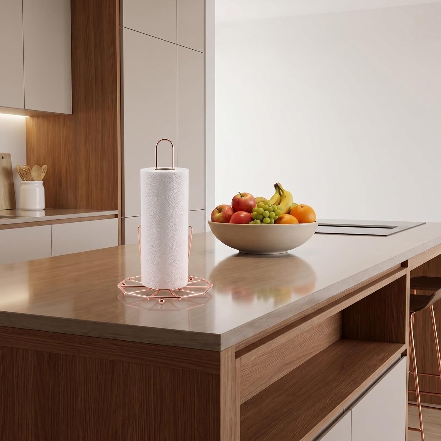 Rose Gold Metal Paper Towel Holder Stand for Kitchen Countertop - Single Roll Tissue Holder Organizer with Sleek European Style Design