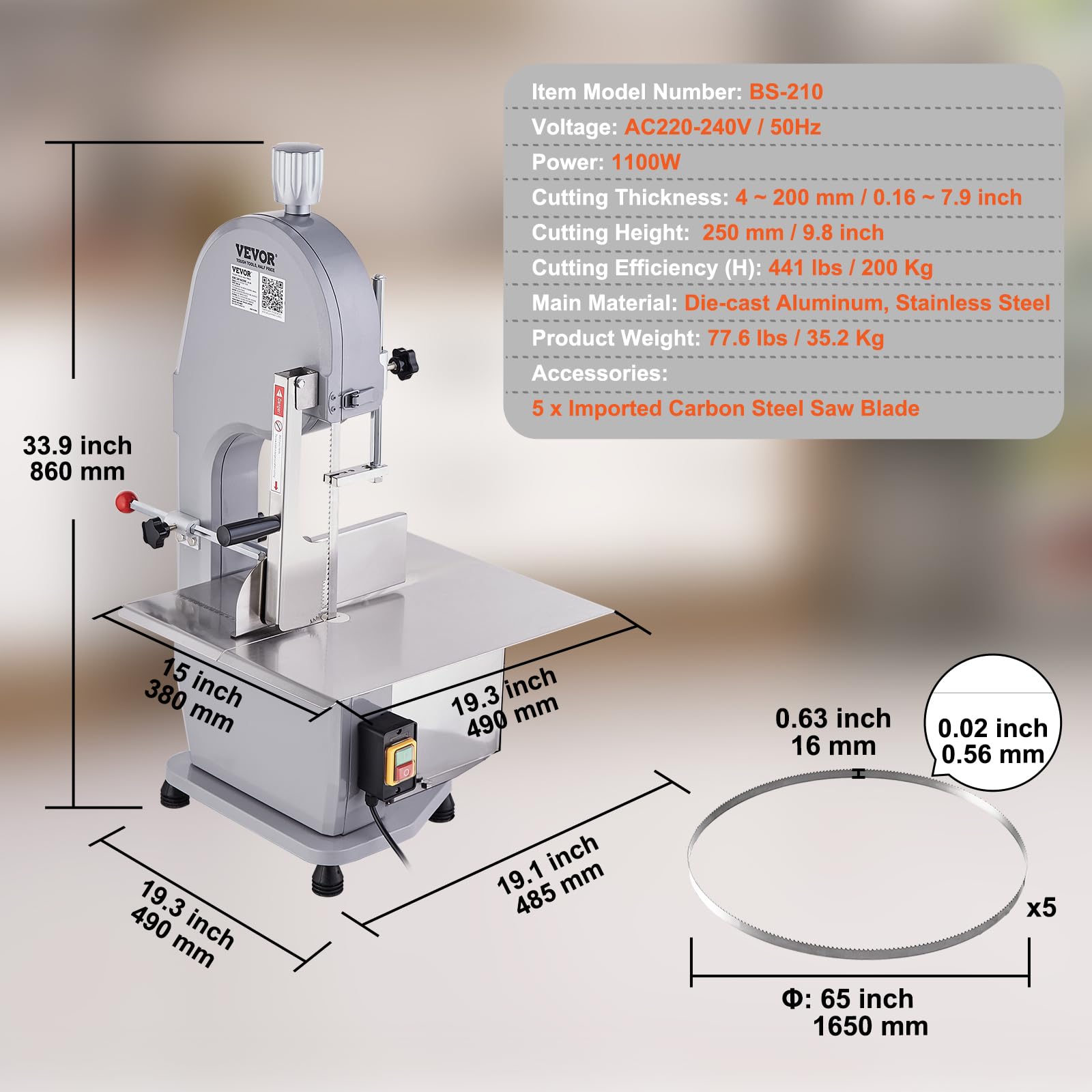 VEVOR kommerzielle elektrische Fleischbandsäge Knochenschneidemaschine, 1100 W Tisch-Knochensäge, 49 x 38 cm Werkbank, Gefrierfleischschneider Schnittstärke 0,4–20,1 cm für Rippchen, Schweinefleisch