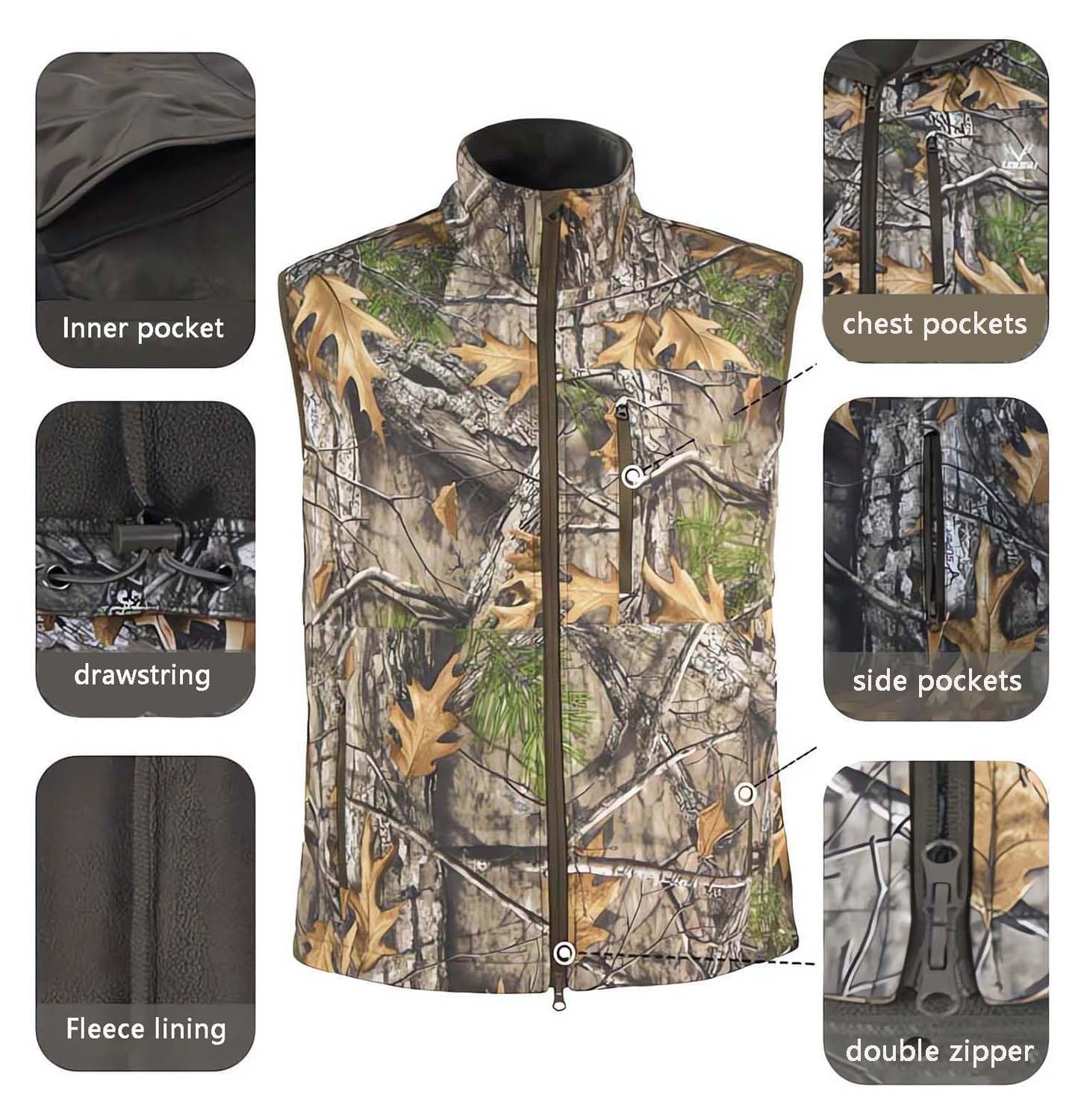 Gilet Caccia Uomo Invernale, Mimetico Gilet da Caccia con Foderata in Pile, Impermeabile e Antivento, Multi-Tasca Traspirante Panciotto per Inverno e Autunn, Caccia, Pesca