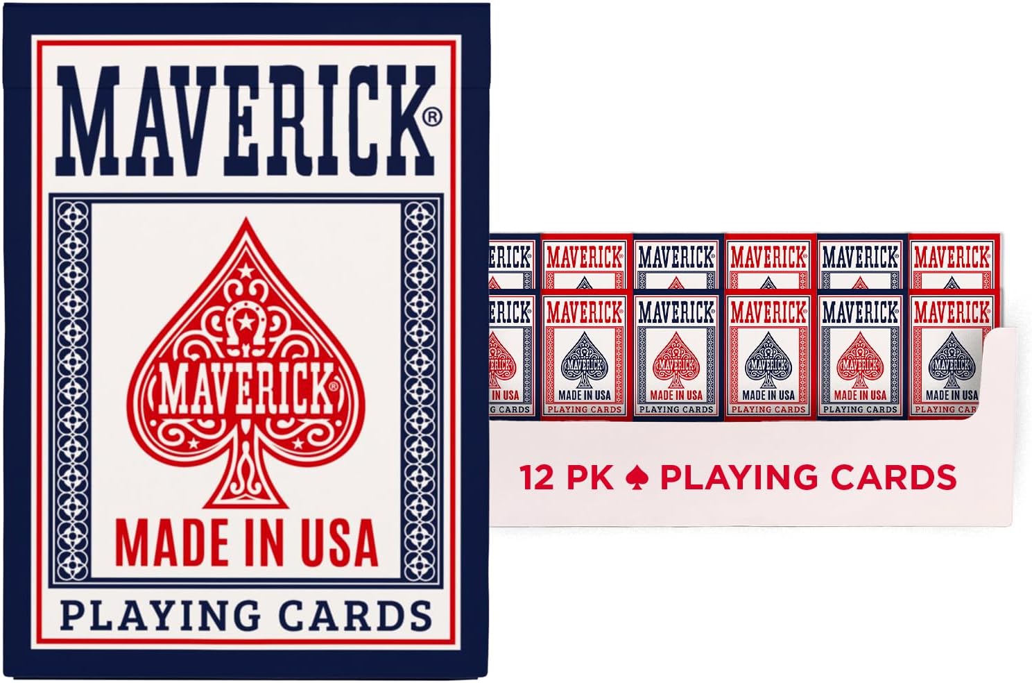 Maverick Playing Cards 12 Pack, Made in USA, New and Improved Quality, Standard Index, Red and Blue Decks, Bulk Playing Cards for Poker, Card Games, and Family Game Night