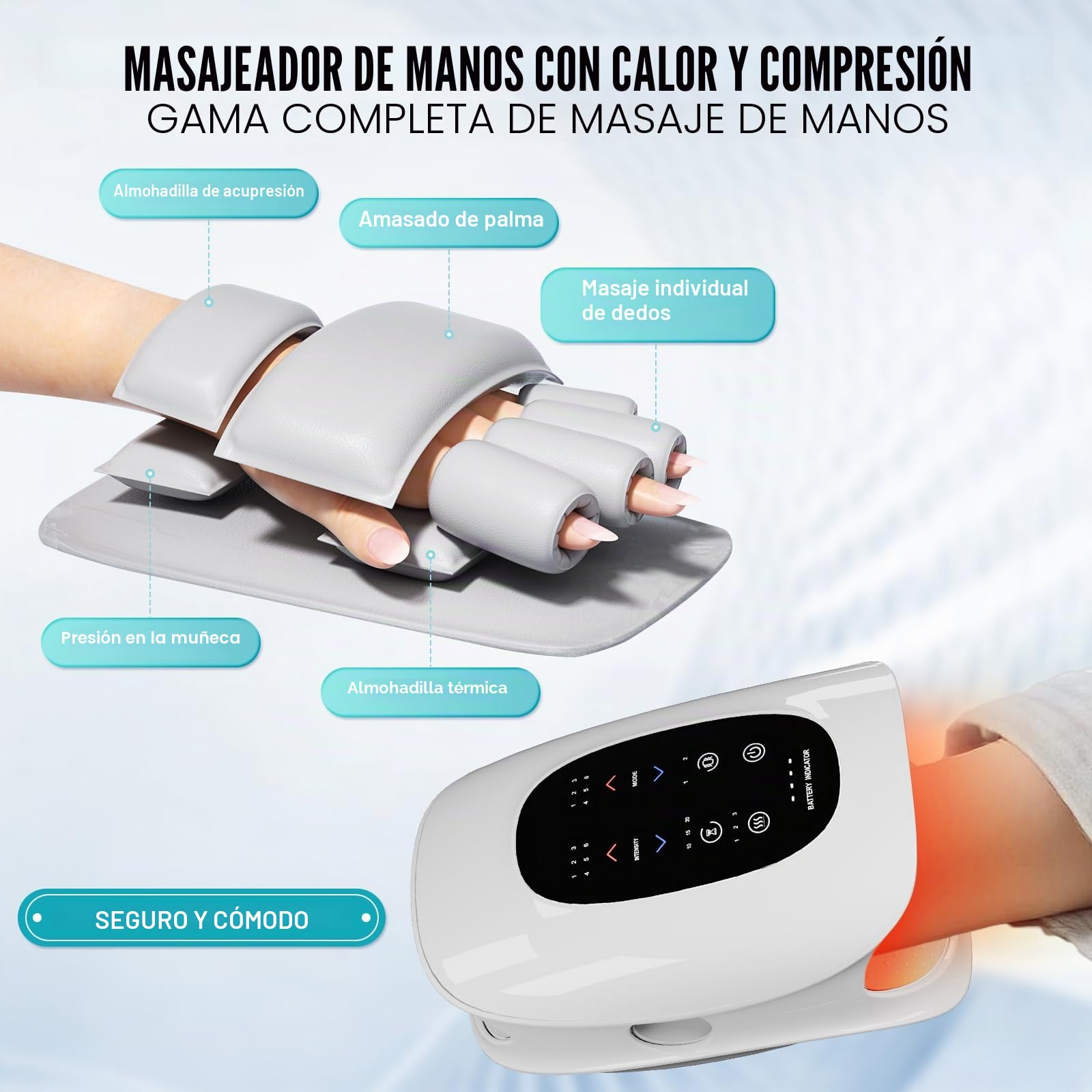 Masajeador de Manos con Función de Calefacción, Inalámbrico Masajeador Electrico de Mano con Función de Prensa, Massage para Aliviar la Fatiga de las Manos