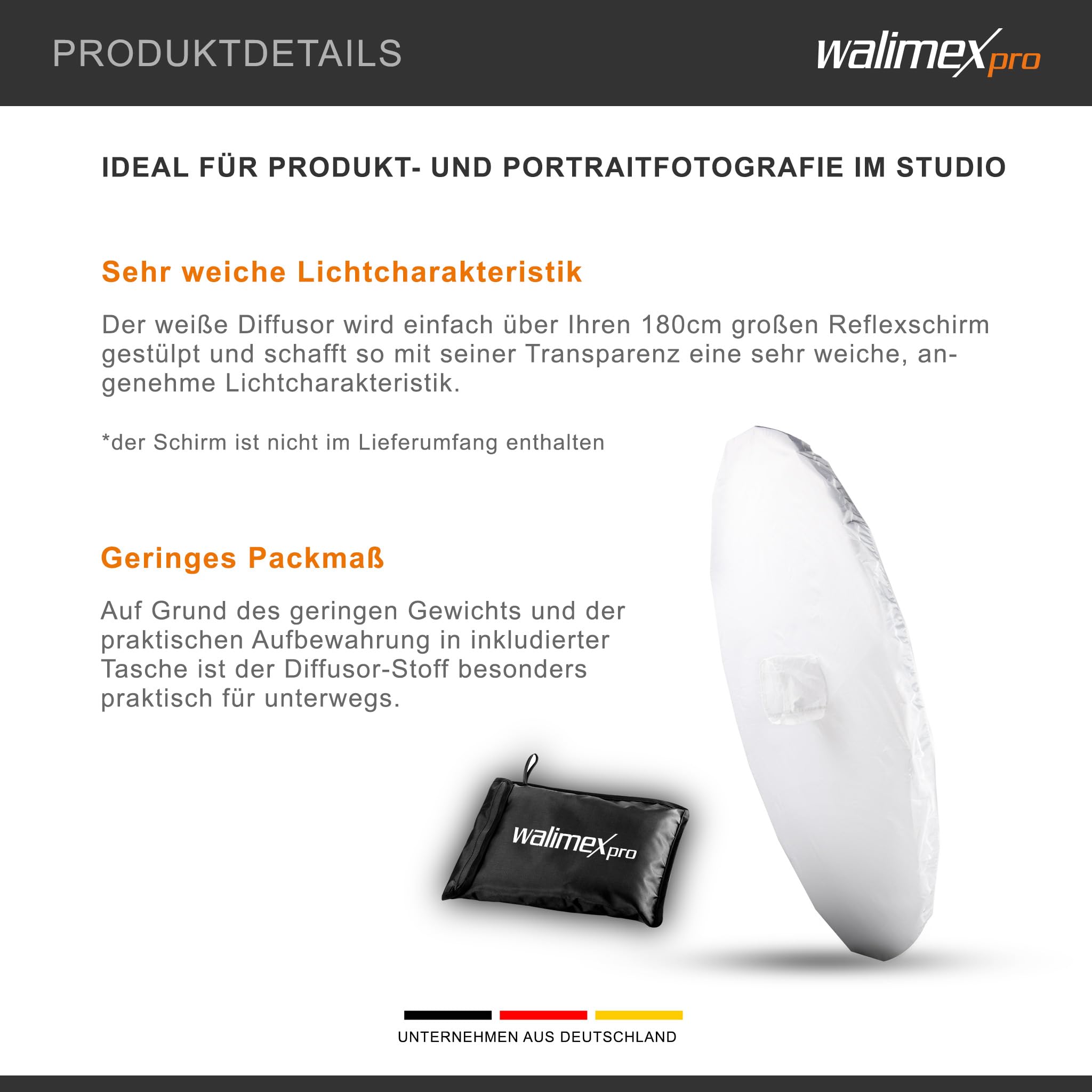 walimex Pro Umbrella riflettore diffusore bianco, diametro 180 cm