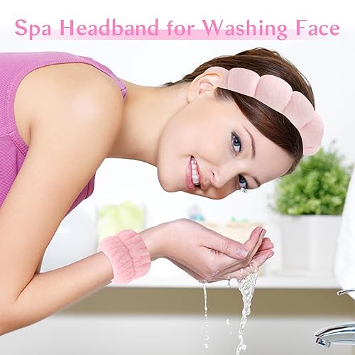 Miniatura 3 de CHENYIYI Diademas de spa para lavar la cara, diademas de spa con pulseras para mujer, diadema de esponja para maquillaje y cuidado de la piel,