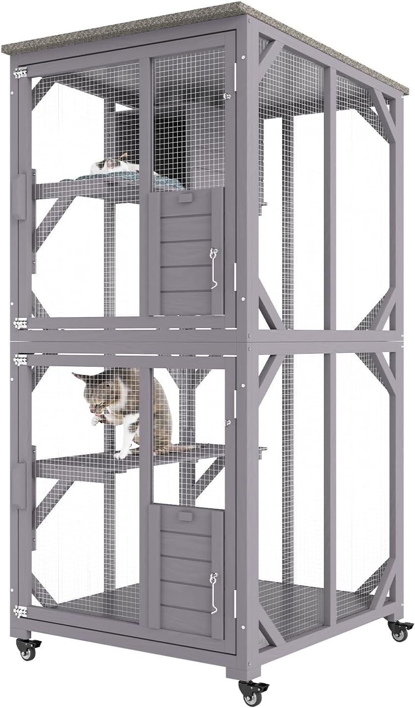Outdoor Catio Enclosure With Wheels - 3 Tier Wooden Cat House With Resting Box, Waterproof Roof (Gray)