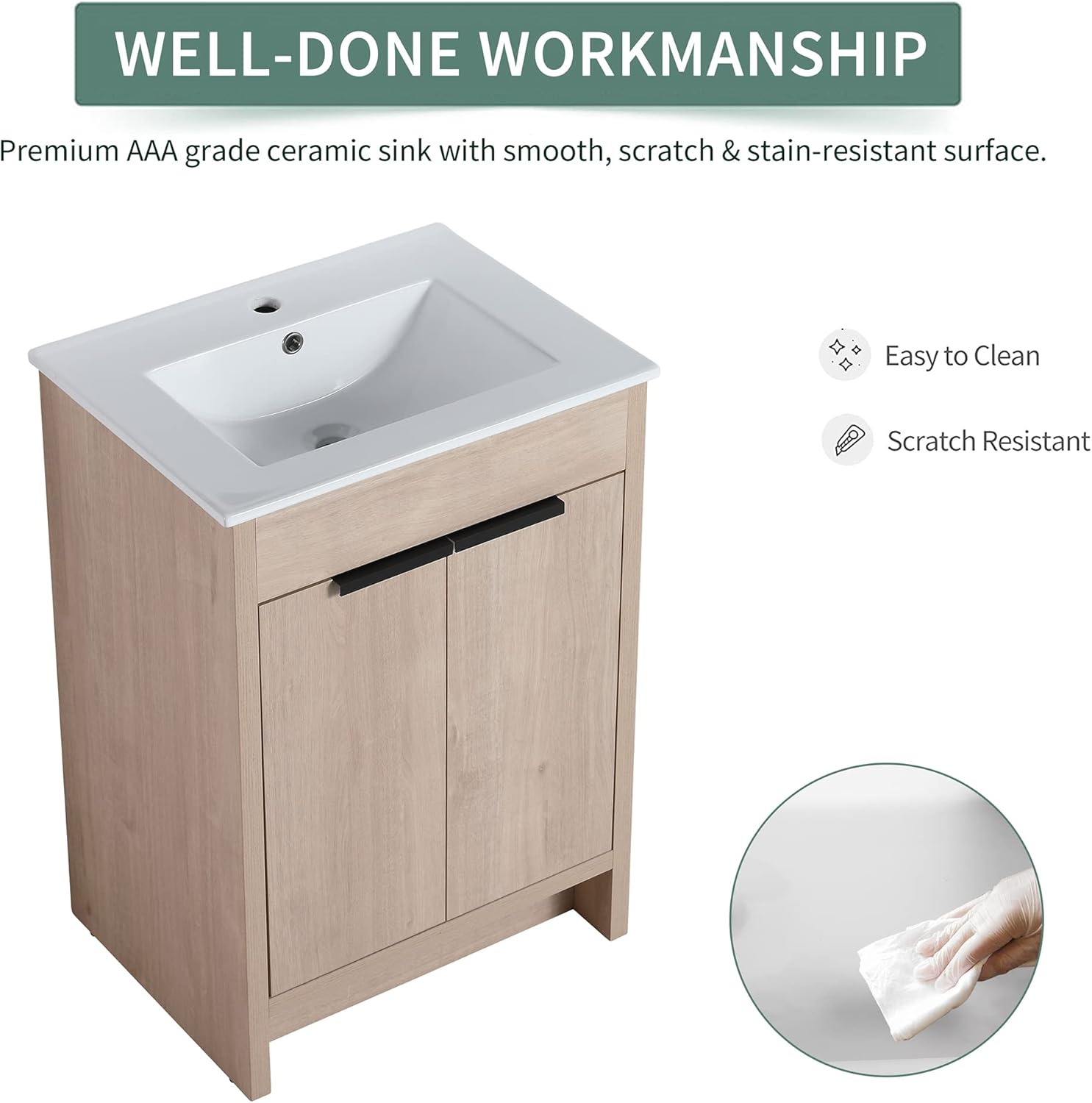 Freestanding Bathroom Vanity with Sink Set, 24" Modern Bathroom Storage Cabinet Vanity with White Ceramic Sink, Bath Cabinet with Wood Door and Inset Basin (Oak, 24inch)