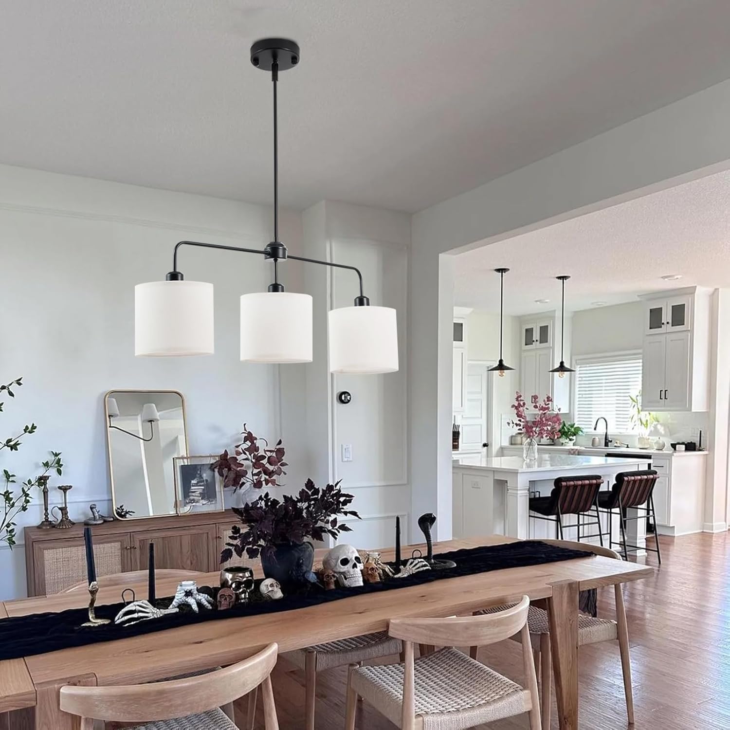 3 Lights Linear Chandelier, Farmhouse Kitchen Island Pendant Light Fixtures Over Table with Fabric Lampshade, Height Adjustable Pendant Light Fixture Industrial Black Hanging Lighting for Dining Room