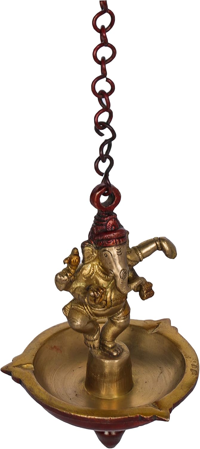 Exotic India Dancing Ganesha Roof Hanging Lamp - Brass Sculpture