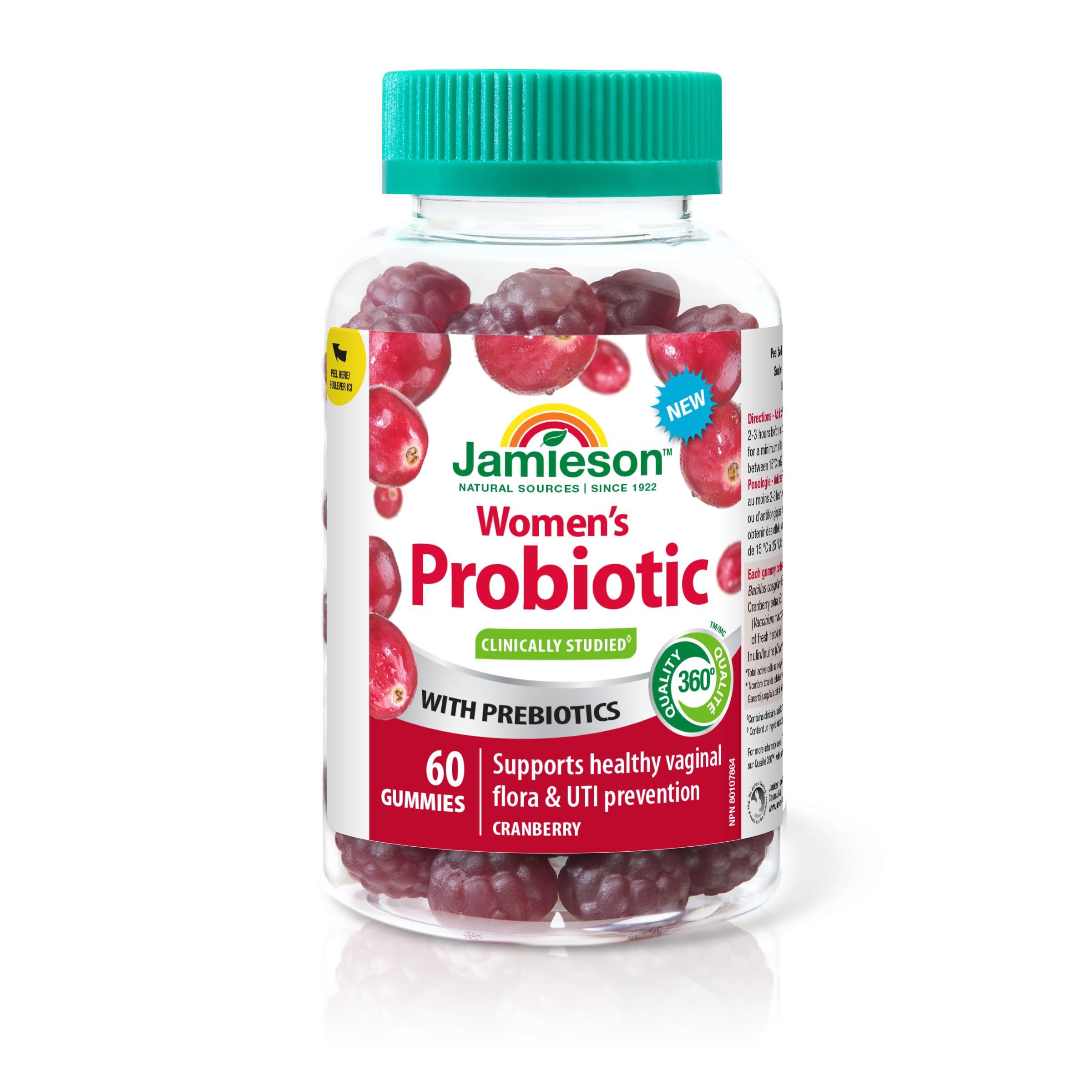 Jamieson Women's Probiotic Gummies with Cranberry and Prebiotics, Supports a Healthy Vaginal Flora and Microbiome, Protects against UTIs, and Supports Digestive Health. No Artificial Colours, Flavours, or Preservatives, Cranberry Flavour, 60 Count