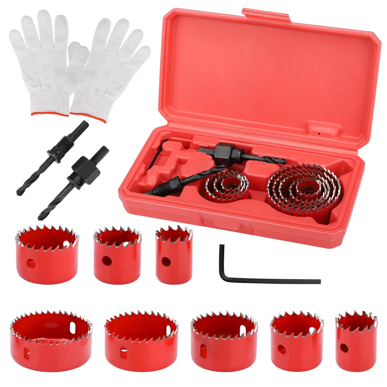 Hole Saw Sets, 11Pcs Holesaw 19-64mm Hole Cutter Kit Carbon Steel Perfect for Drilling Soft Metal Wood, PVC, Plastic