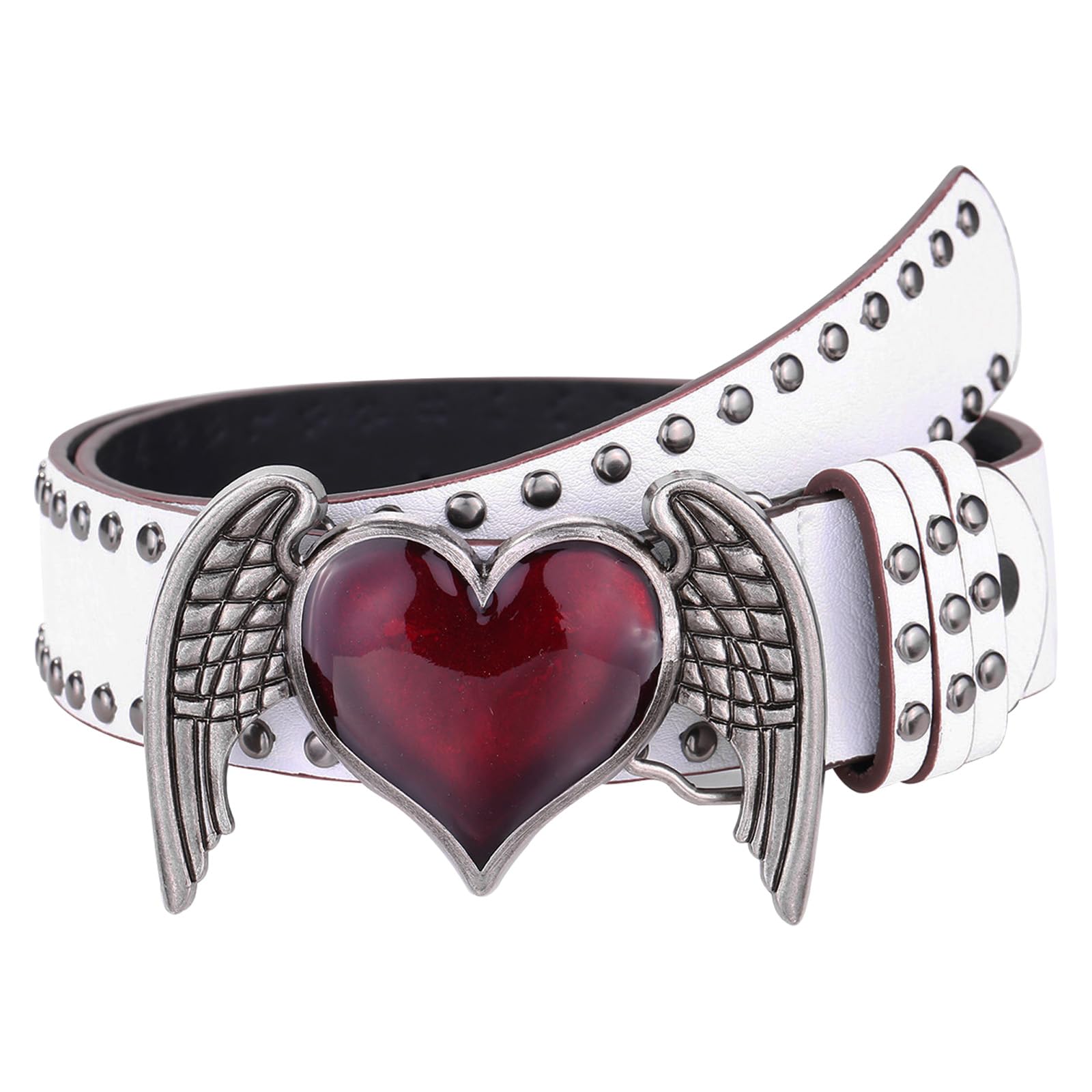 FAYZSOWSR Heart Wing Studded Belt, Punk Gothic PU Leather Waist Belt with Vintage Enamel Buckle Y2k Rock Emo Grunge Jean Belt