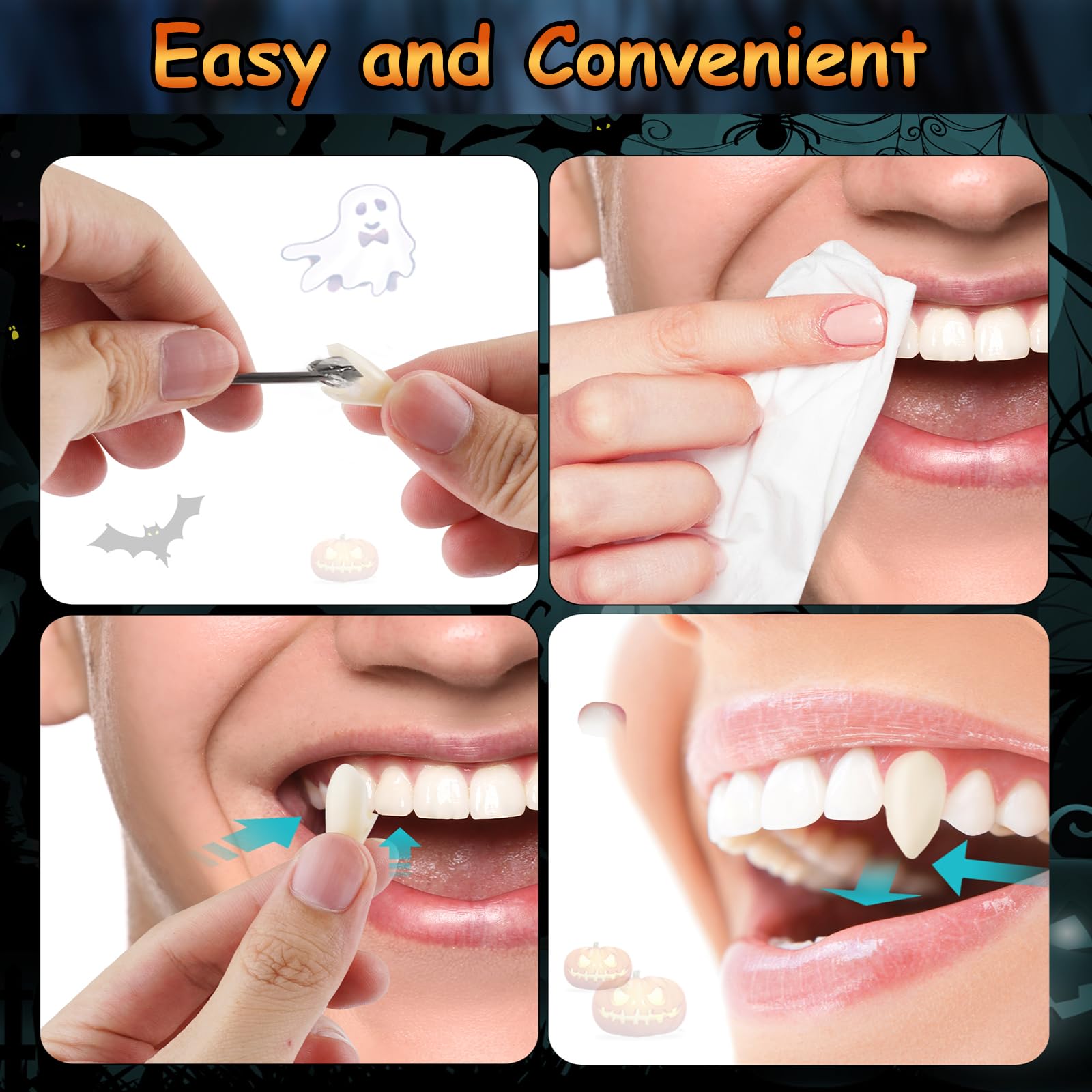 Colmillos De Vampiro - 3 Pares De Dientes Falsos Para Halloween Y Cosplay, Con Adhesivo Dental, Tamaños 13/15/17 Mm