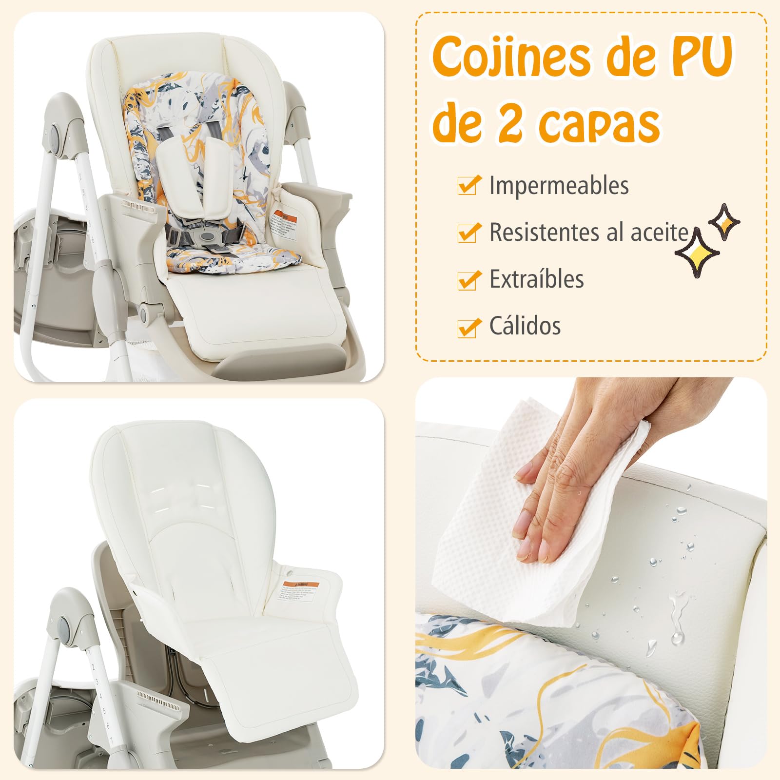 COSTWAY Tronas de Bebe Plegable, Trona Portatil Multifuncional con Ruedas Giratorias, 7 Altura Ajustable, Reposapiés y Respaldo, Bandeja de Comida Extraíble, para 6-36 Meses (Blanco)