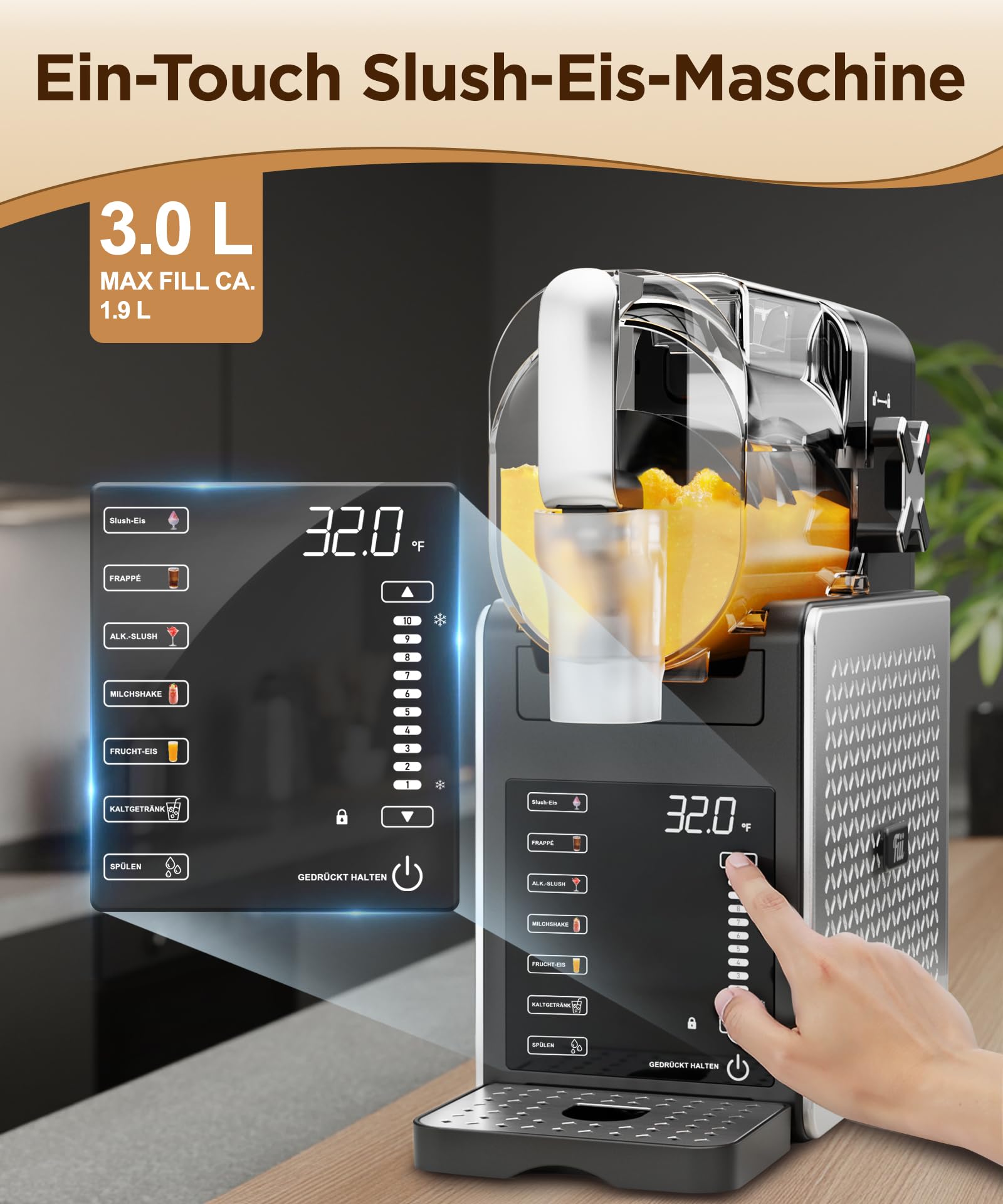 Fiii Slush Maschine 3L, 6 Programme, LED-Anzeige, selbstreinigend, kein Eis erforderlich, 170W Slush Eis Maschine, 220-240V, leiser kompakter Slushie Maker für Milchshakes und Frozen Drinks | Fiii verbindet vielseitige Getränkezubereitung mit modernem Des