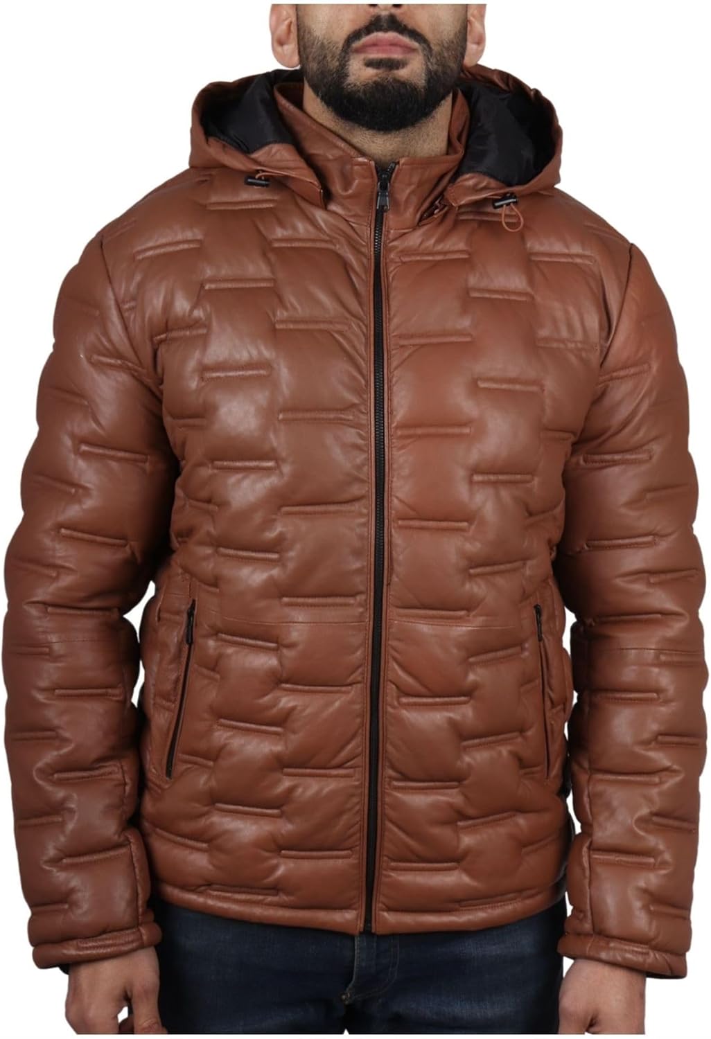 TruClothing Men's Puffer Quilted Real Leather Jacket Hooded Casual