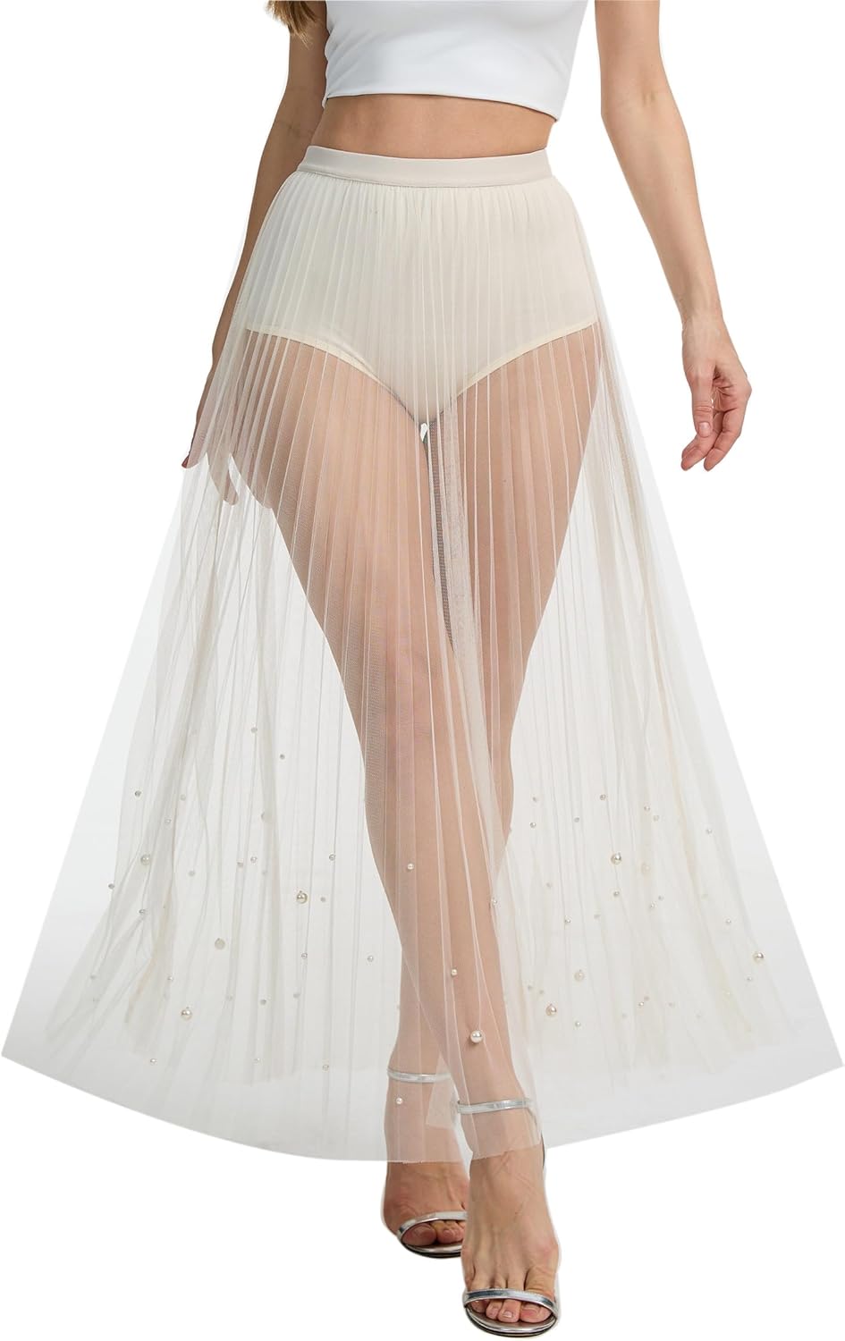 Rave Outfits for Women 2 in 1 Sheer Skirt Festival Clubwear Mesh High Waist Print A Line Maxi Skirt