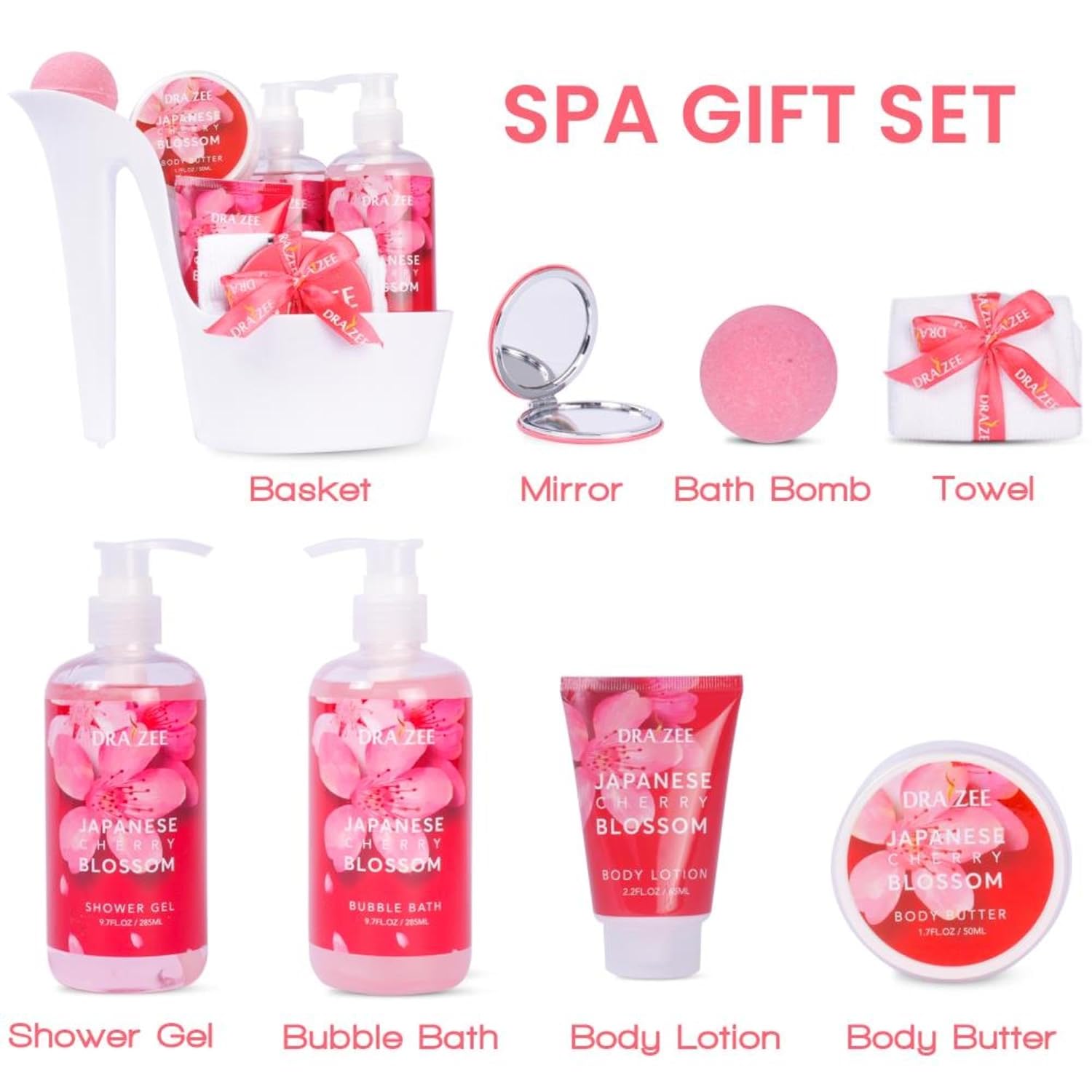 Mother’s Day Gift Baskets for Women - Heel Shoe Spa Basket Set of 2 Rose and Cherry Blossom Scented Luxury Spa Baskets Set w/ Shower Gel, Bubble Bath, Butter & Lotion