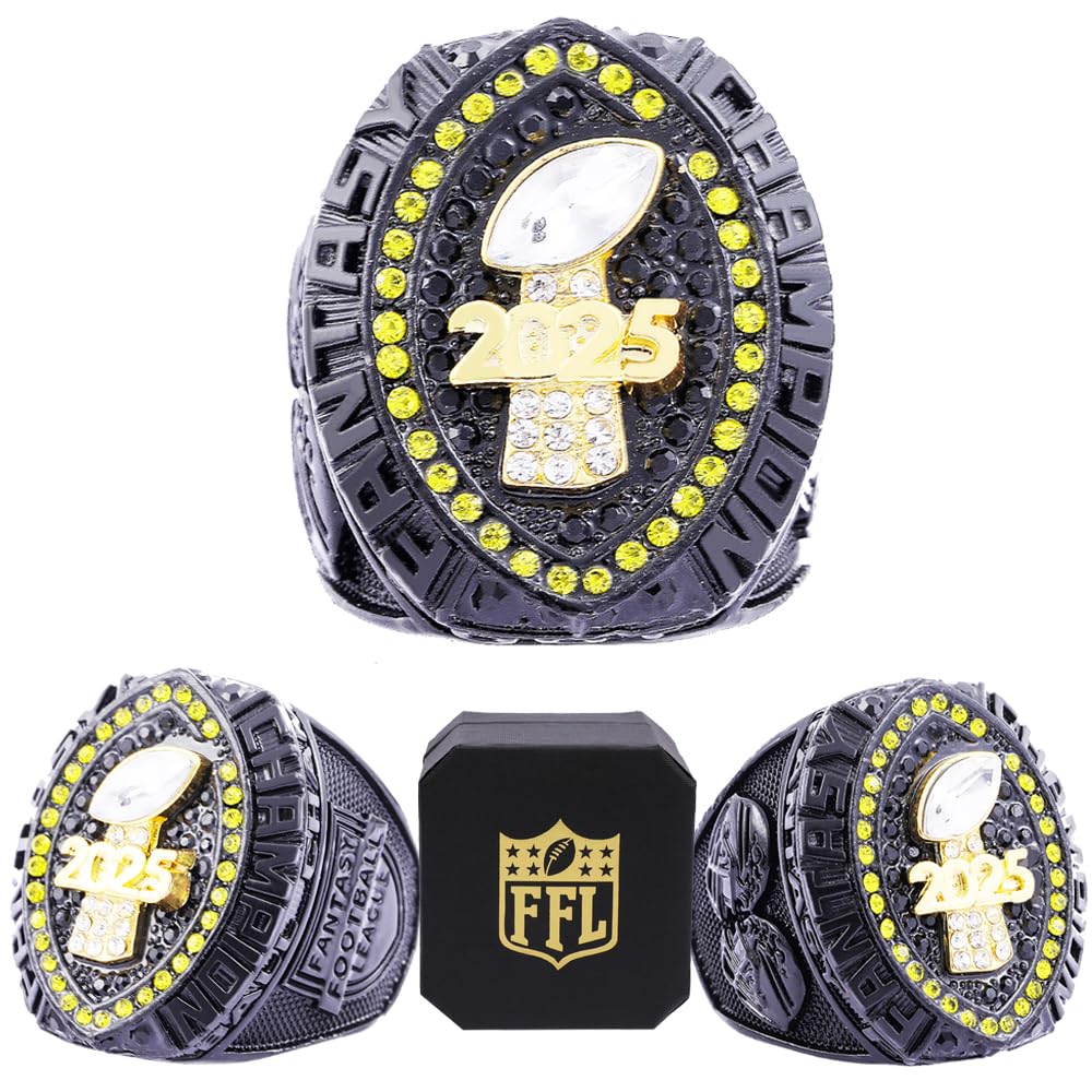 2025 Fantasy Football Championship Ring | Heavy FFL Champion Trophy Ring | Gold Silver Tone Plated Award Trophy for Fantasy Football League Winner