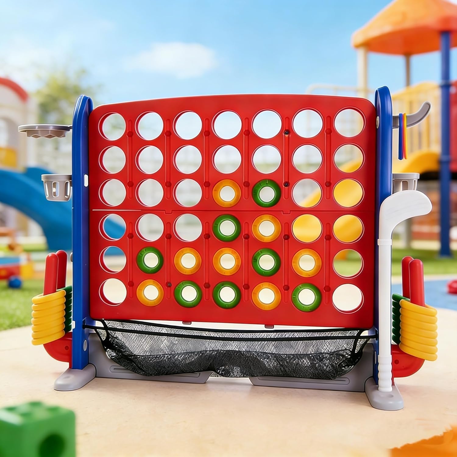 Jumbo 4-in-a-Row Game Set, 3-Level Height Adjustable Giant Game Board with Fast-Release Slider, 42 Game Rings, Indoor & Outdoor Family Party Game for Kids Adults