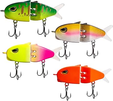 4Pcs Multi-Jointed Glide Bait, Slow Sinking ABS Mini Glide Bait Lures, Realistic Injured Fish Swim Action, Green Orange Yellow Wheat Hard Swimbait for Freshwater Saltwater Bass Fishing