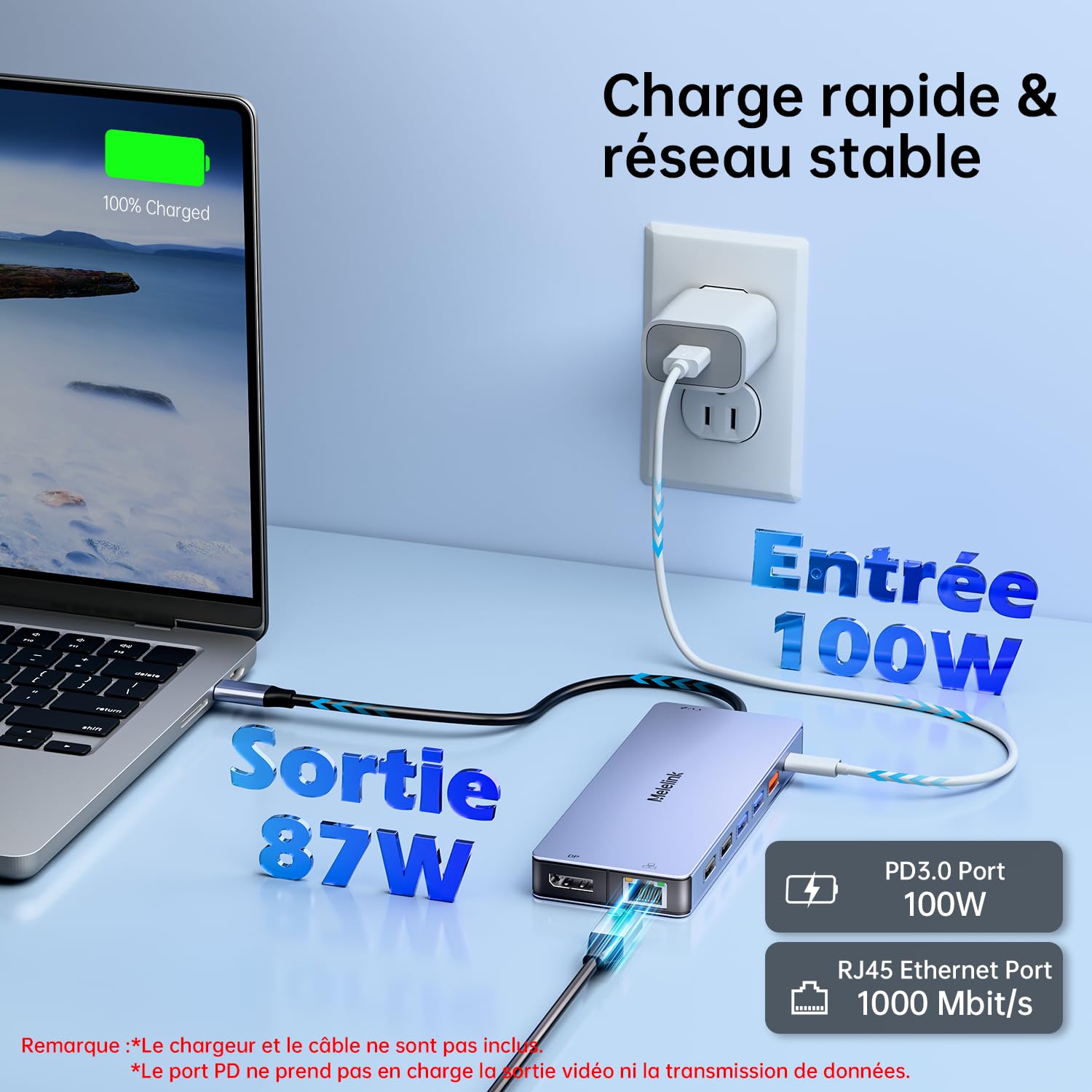 Melelink Station d'accueil USB C Double Moniteur, Dock USB C 15 en 1 Docking Station Dual HDMI 4K 60Hz, 8K DP, 7*USB, Gigabit Ethernet, PD 100W, SD/TF et 3.5mm Audio, Hub USB C pour Dell HP Lenovo