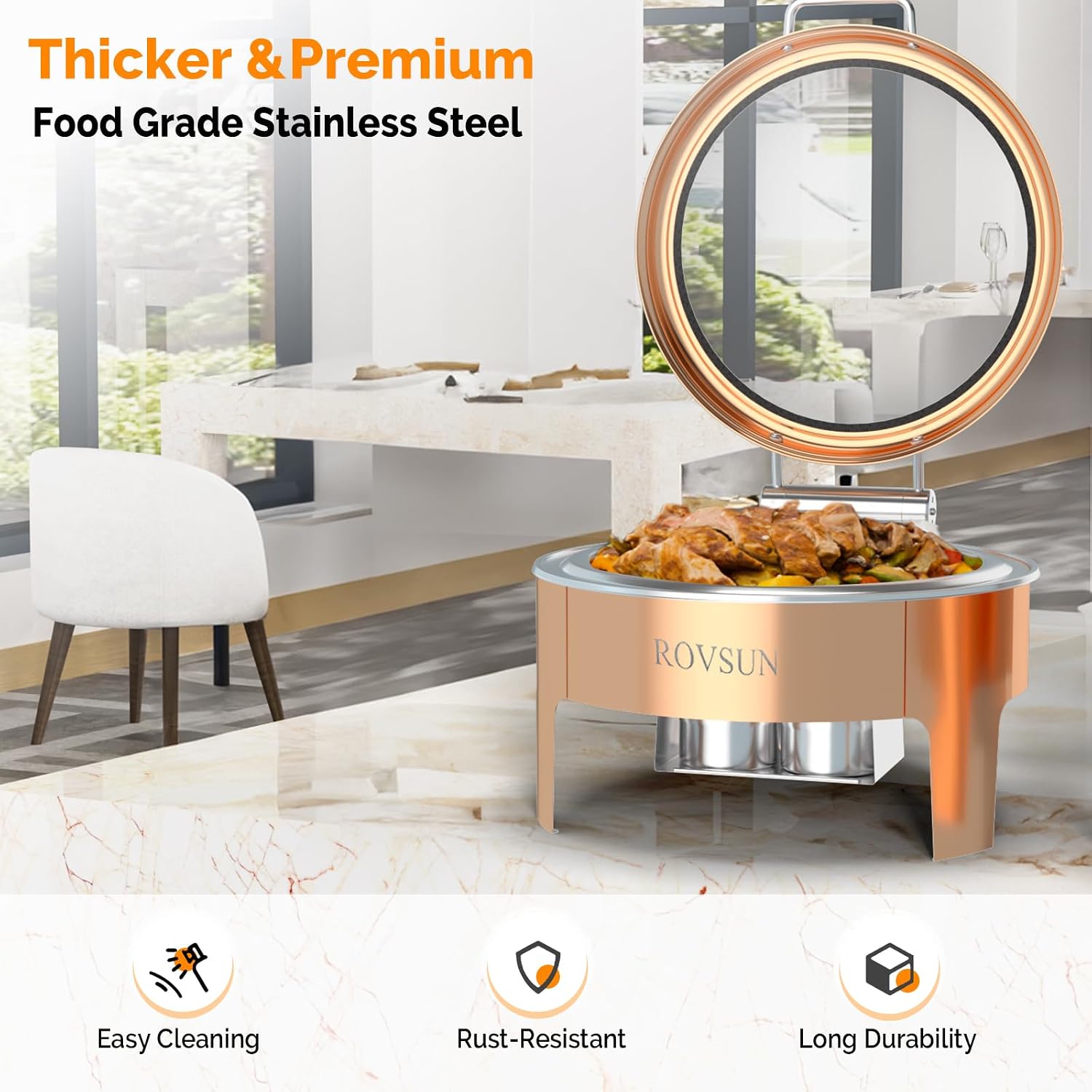 ROVSUN 6QT Chafing Dishes for Buffet 3 Pack, Roll Top Chafing Dish Buffet Set, Round Chafers and Buffet Warmers Sets with Glass Lid & Serving Tong for Parties Weddings Catering Events, Rose Gold