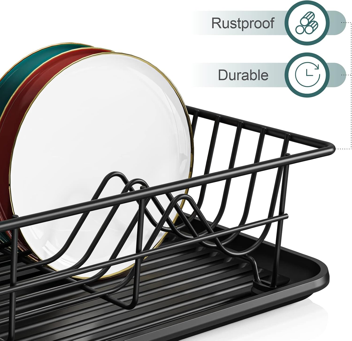 Veckle Dish Drying Rack for Kitchen Counter - Sink Dish Racks with Drainboard Dish Drainer Rack Mug Hook for Kitchen Countertop, Black